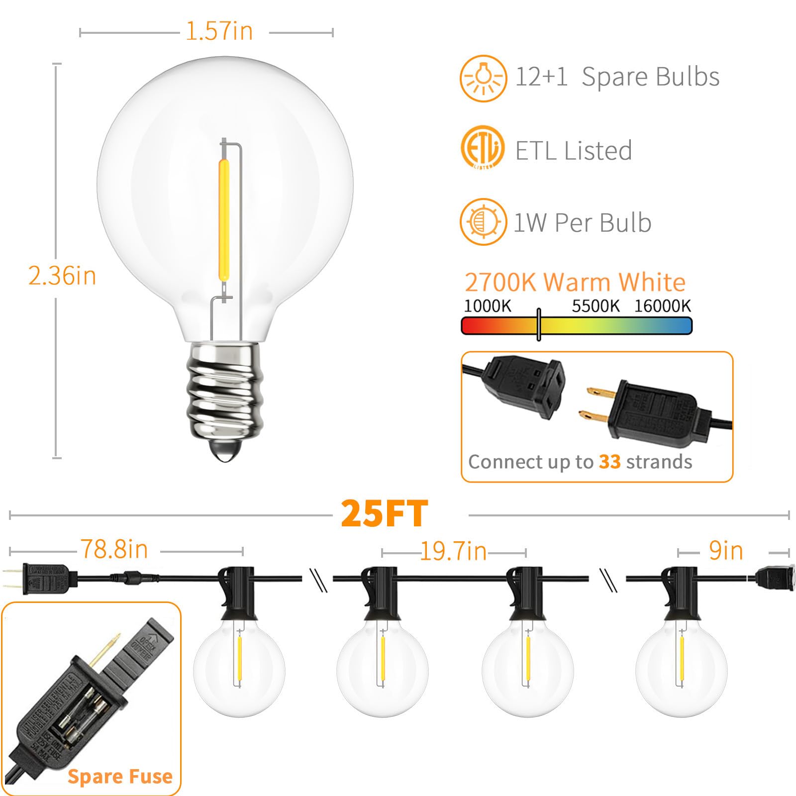 Svater Outdoor String Lights 25ft, Shatterproof, Warm White, Waterproof, 2ft Bulb Space, IP45