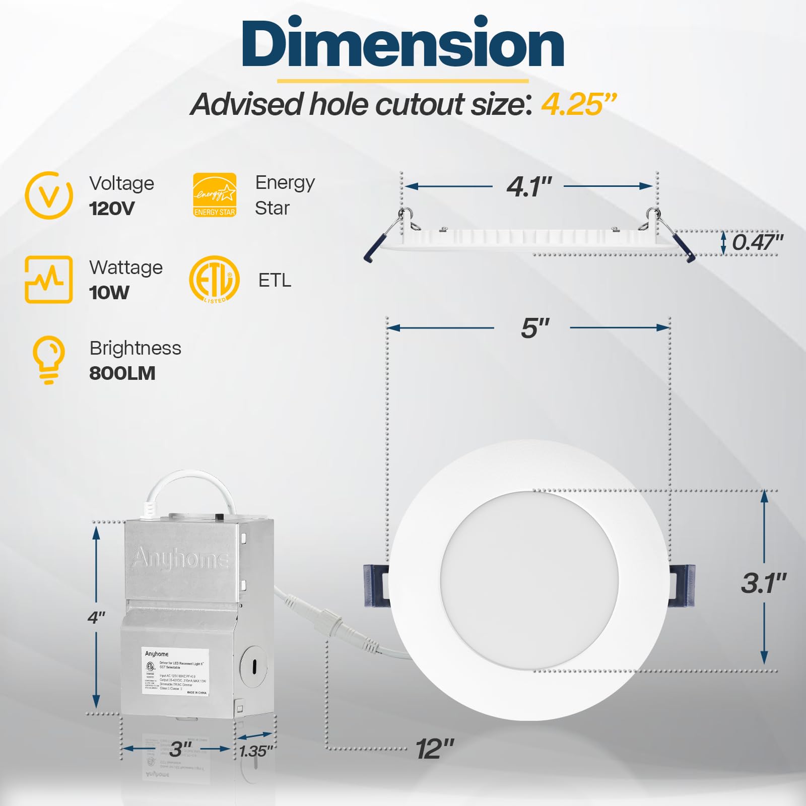 Anyhome 12 Pack 4 Inch Led Recessed Lighting, 5Cct Selectable 2700K-5000K, 10W 800Lm, Dimmable Canless Recessed Lighting 4 Inch