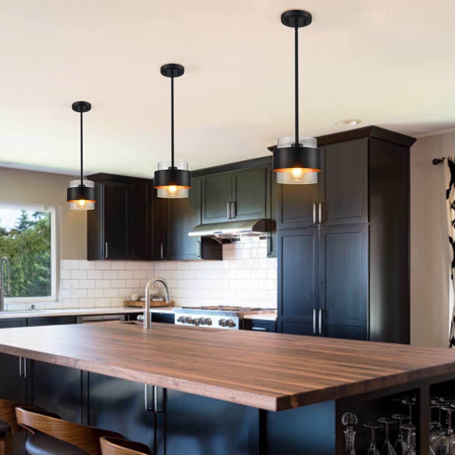 Claxy Pendant Lights Kitchen Island Black Rod Hanging Kitchen Pendant Light Fixture, Clear Glass Cylinder Shade