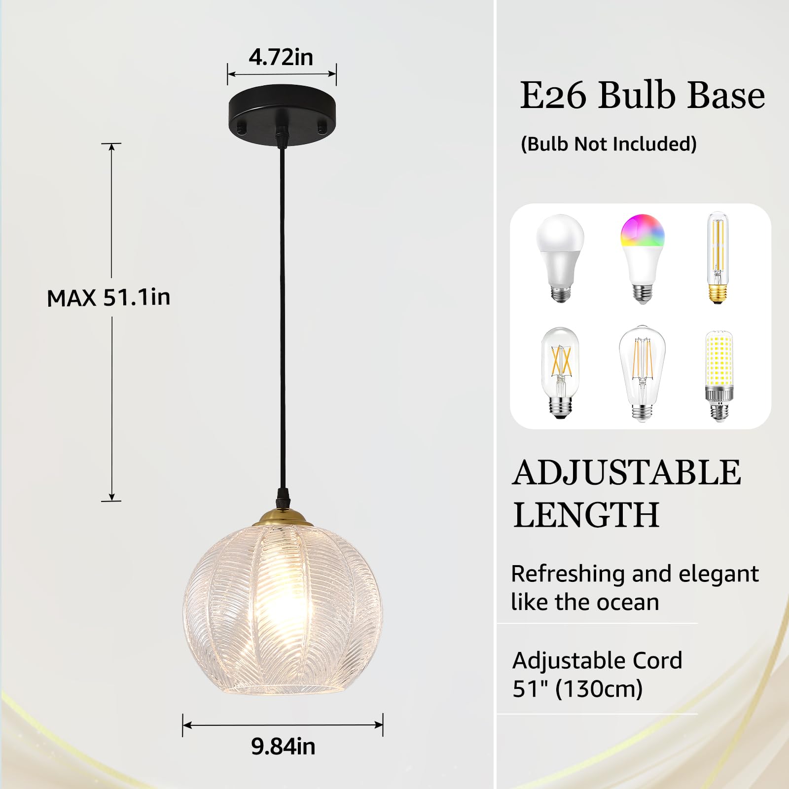 Testoys Clear Glass Pendant Light, Single Large Globe Shade Hanging Chandelier, 9.8-Inch Hand Blown Glass Ball Pendant Light Fix