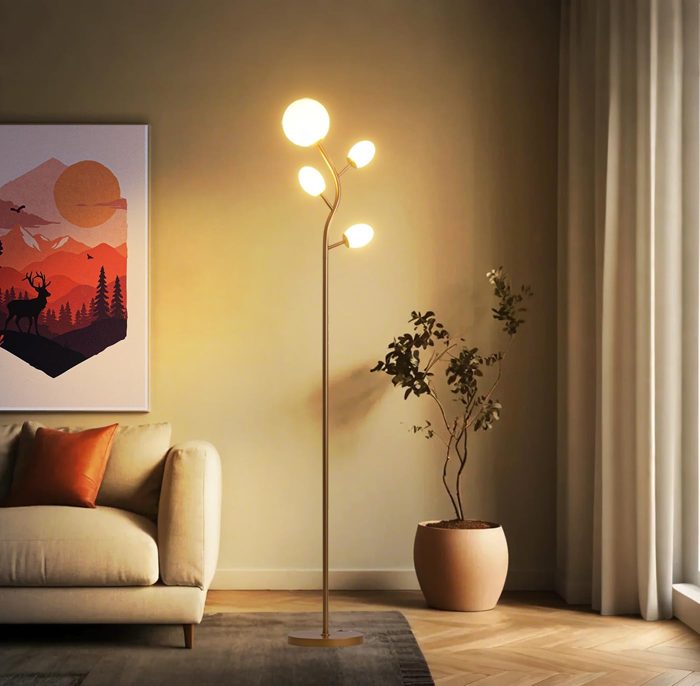 Fiqevs Globe Tree Floor Lamp with 4 Frosted Glass Shade & LED Bulbs, Mid Century Modern Standing Lamp 2700K Warm Light, Vintage 