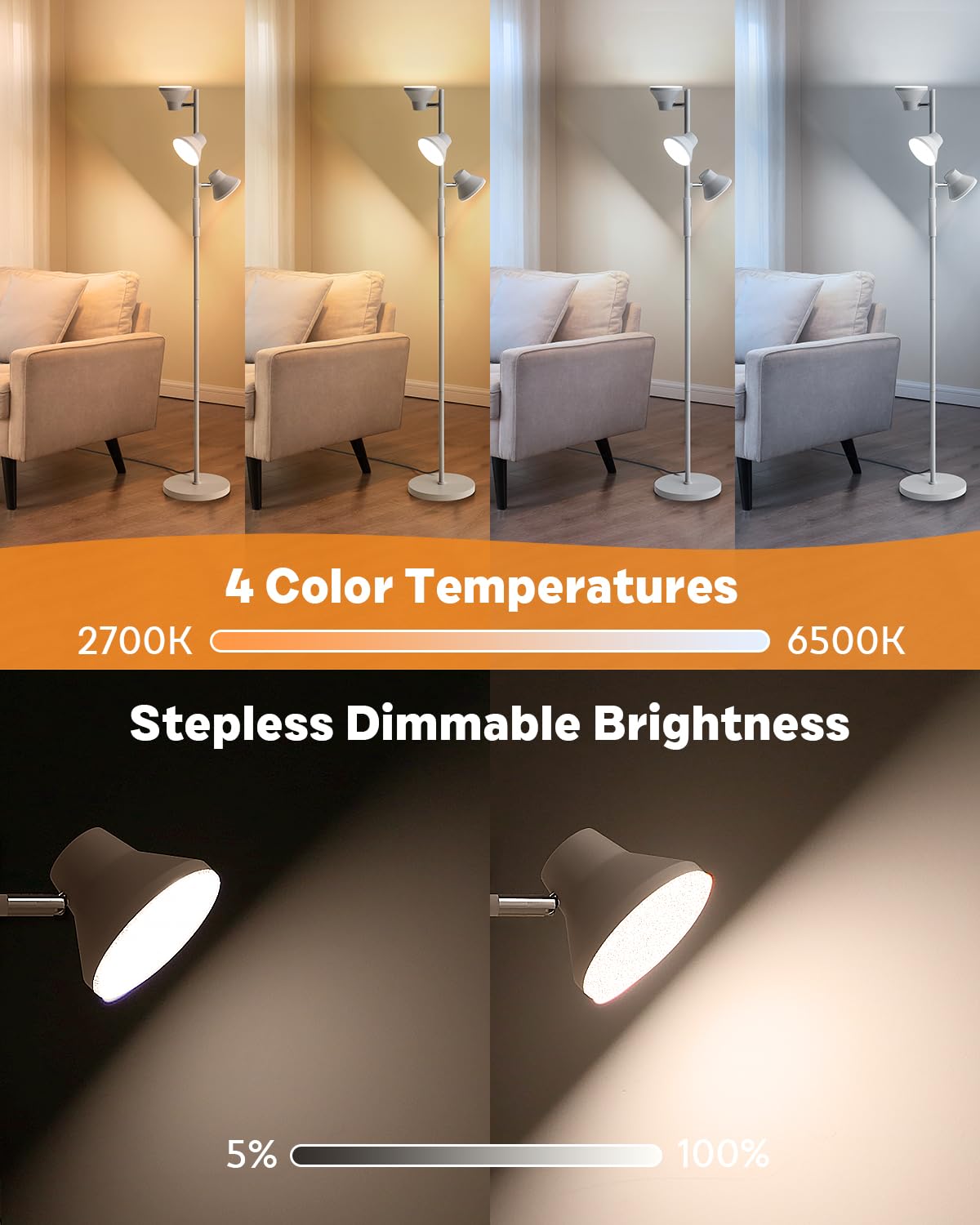Sibrille Led Tree Floor Lamp Silver, 36W Super Bright Standing Lamp With Remote Control, 4 Color Temperatures, 3 Rotatable Led L