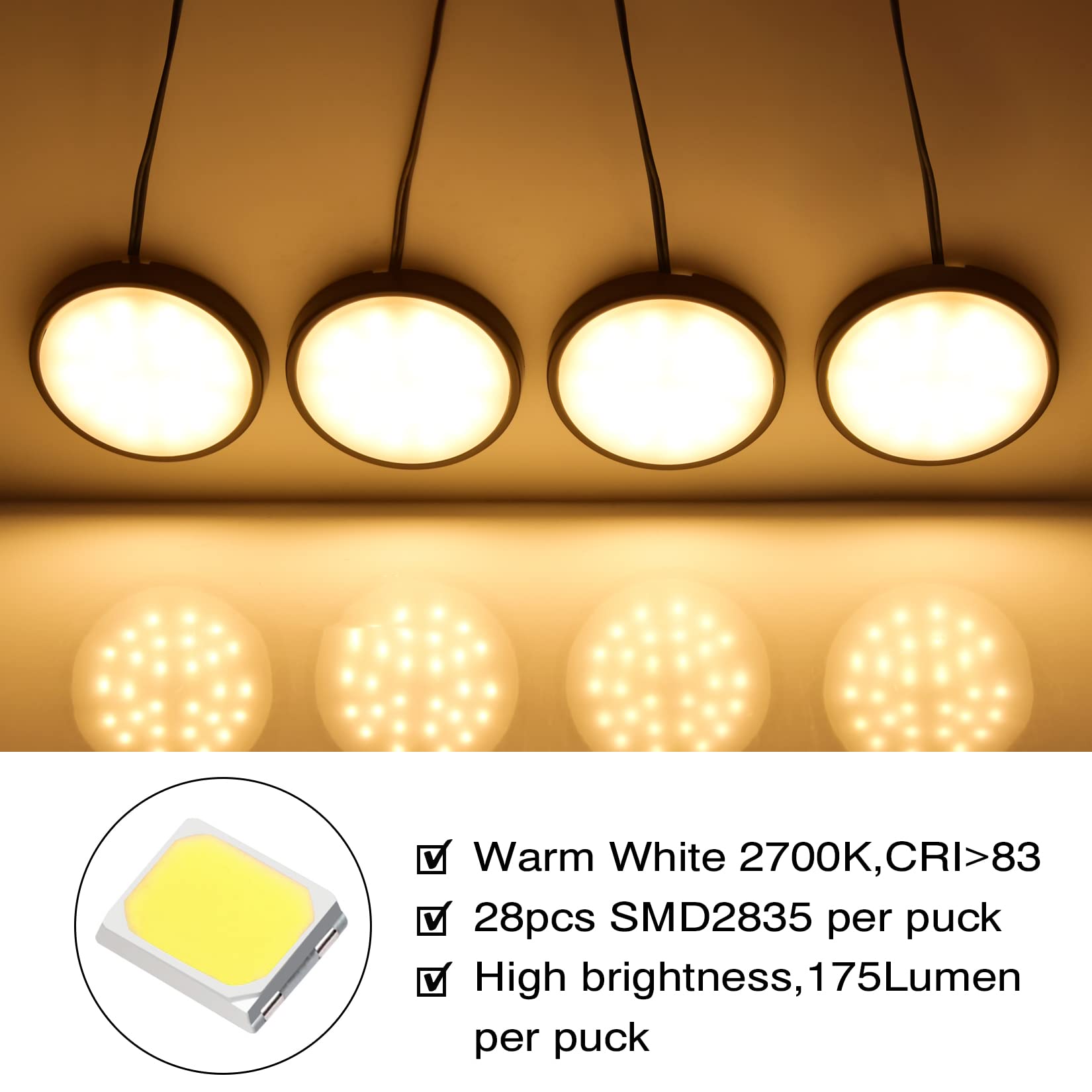 WOBANE LED Under Cabinet Lights, 9W Dimmable Puck Lights, 700 Lumens, Warm White, Set of 4, Black Housing, Model CS211