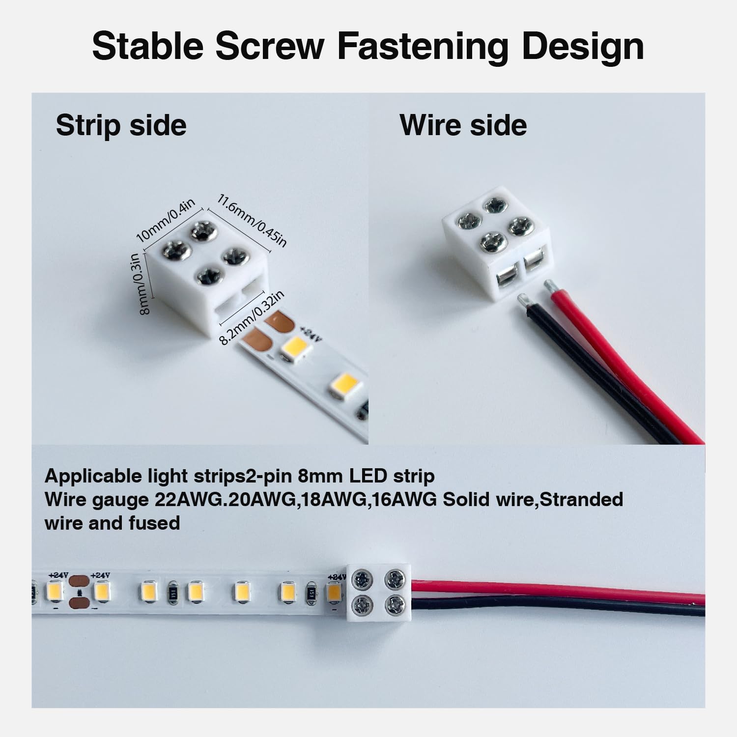 Cezelux 15Pack Erless Led Strip Connector 2Pin 8Mm With 32.8Ft Wire, Tighten Screw Terminal Blocks 2 Pin 8Mm Connectors With Screwdriver For 5-24V Led Tape Light Decorative (2P-8Mm)