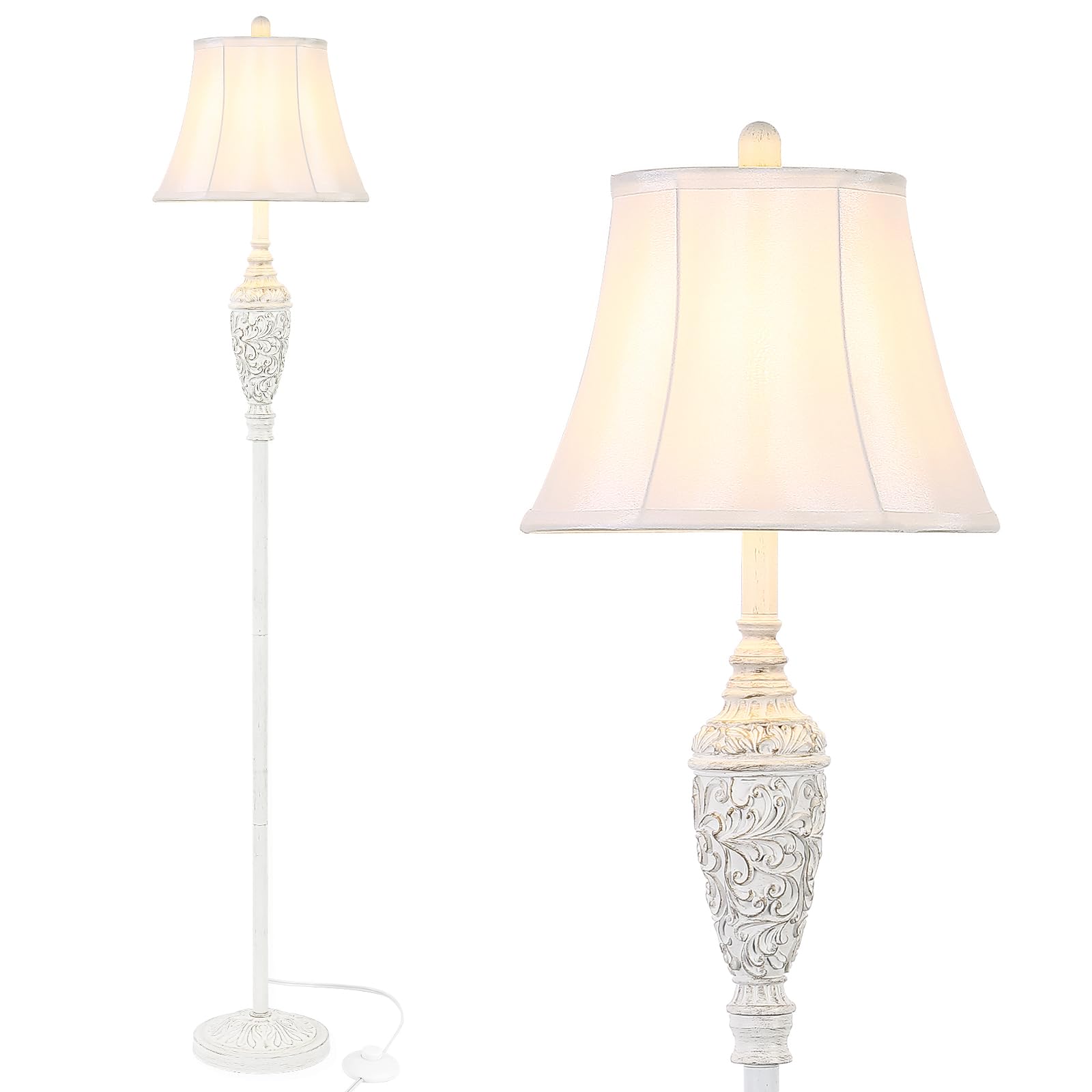 Sheetea 65 Vintage Floor Lamp for Living Room  Traditional White Standing Lamp with Carved Resin Base and Foot Switch  Classic Farmhouse Tall Pole Lamp  Bedroom  Office