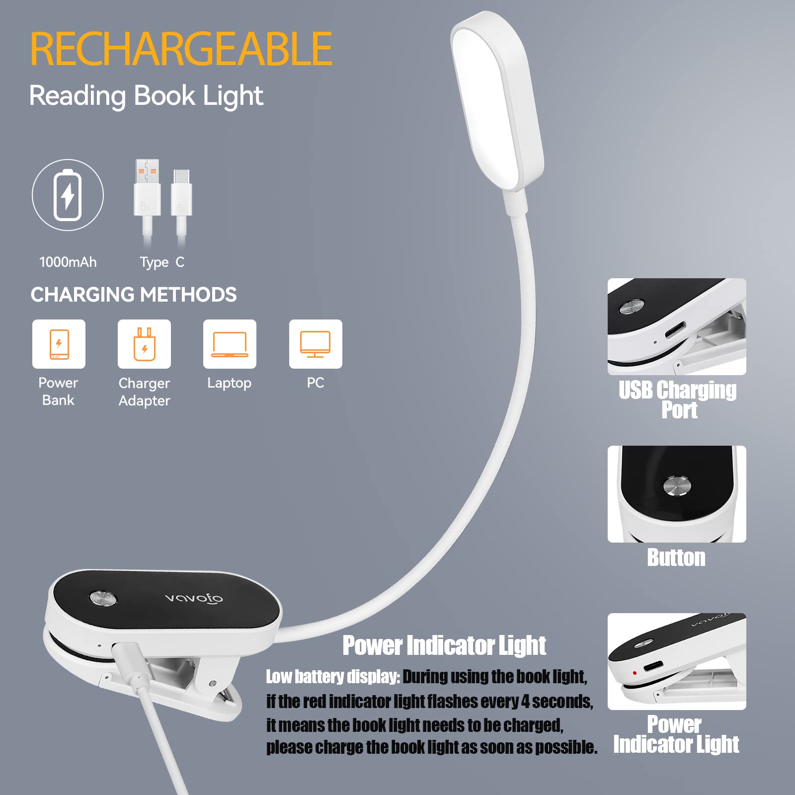 VAVOFO Rechargeable Book Light, 14 LEDs, Amber Reading Light, 9 Colors, 9 Brightness Levels, Model KM-6775, White and Black