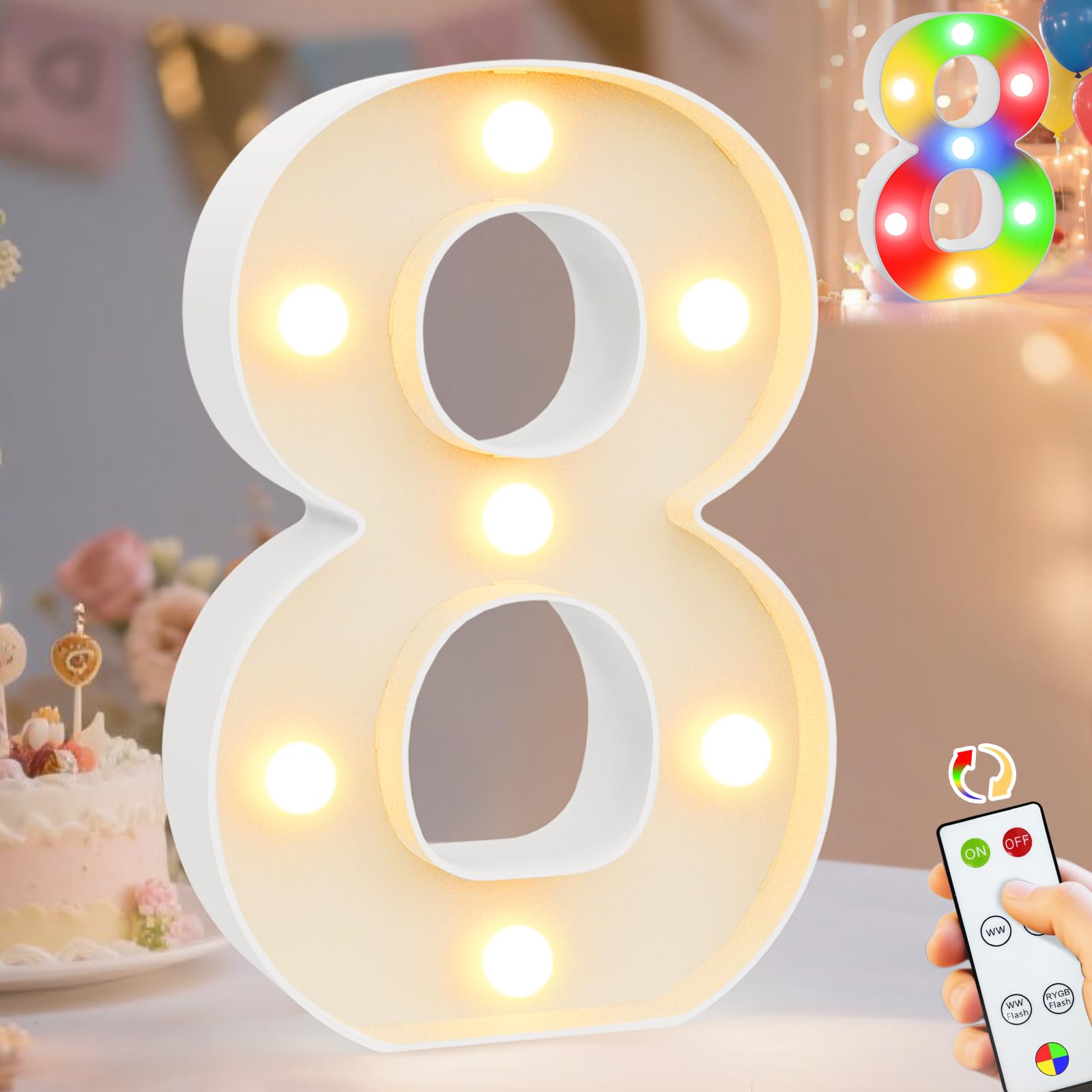 Pooqla Led Light Up Numbers 8  Warm White And Colorful Lighted Marquee Numbers With Remote  Lighted Numbers For 8Th 18Th Birthday Decorations  Gift For Girls Boys Her Him Anniversary Home Party Decor