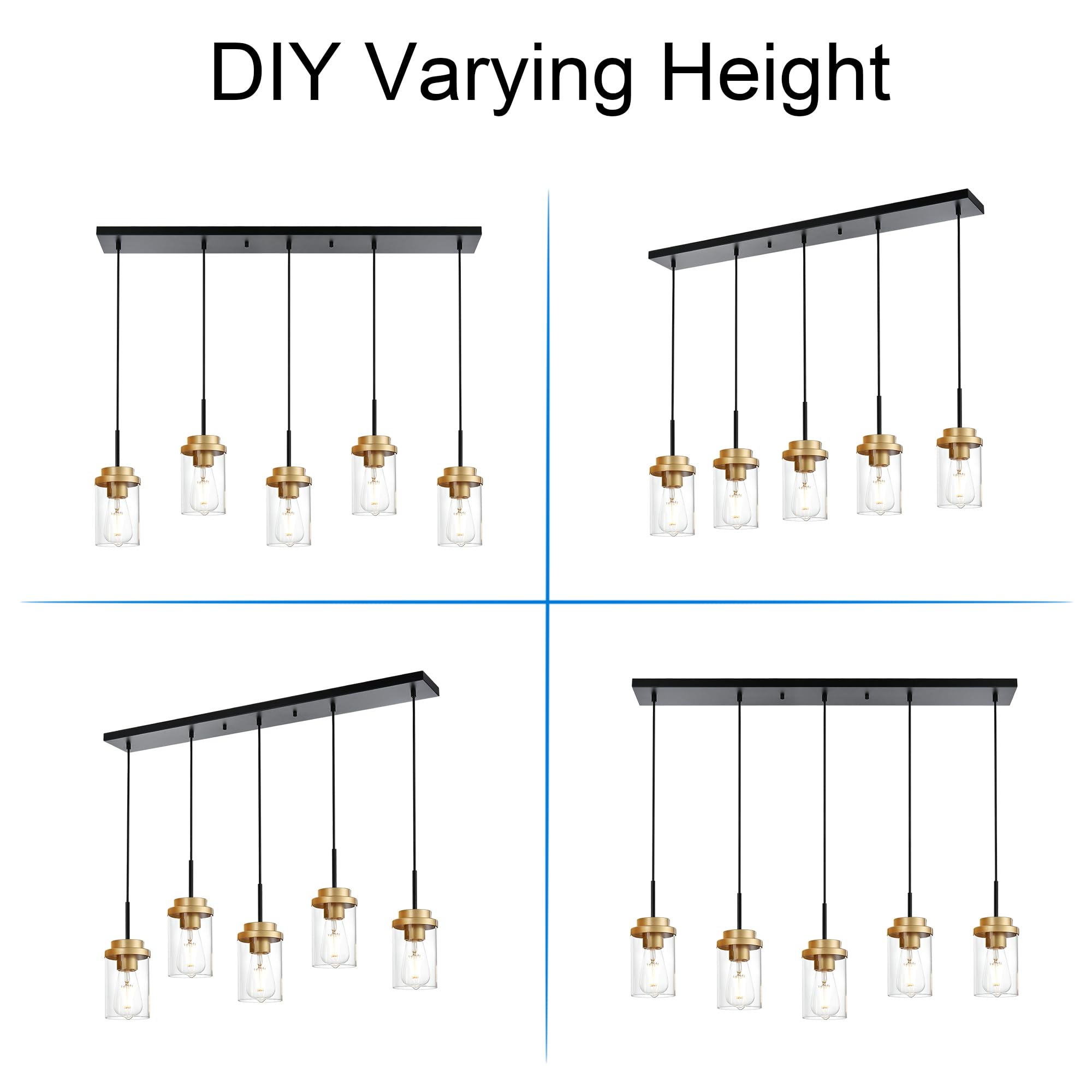Melucee 5-Lights Adjustable Pendant Light, Black Brass, Modern Chandelier For Dining Room, 40.1 Inches, Clear Glass Shade, Model 4-4501-5D
