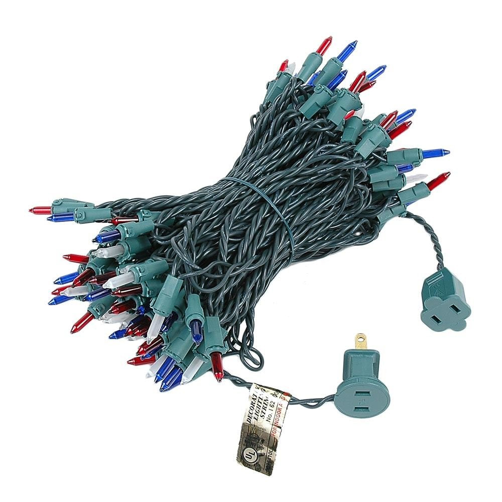 Novelty Lights 100 Light Mini String Light Set, 50 Long, UL Listed, Green Wire, Red/White/Blue, Model MRD-25B-4, Indoor/Outdoor