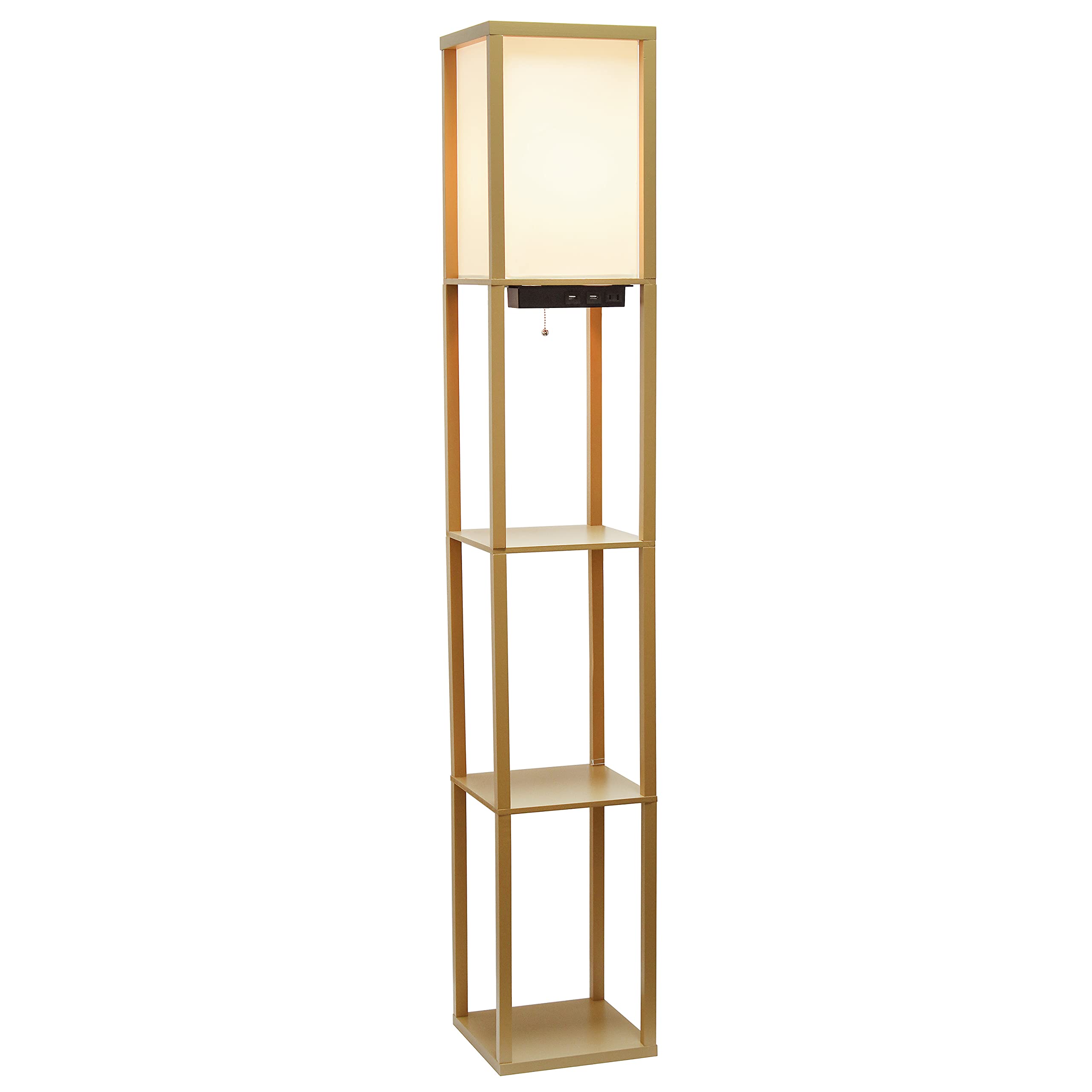 Simple Designs Lf1037-Tan Floor Lamp Etagere Organizer Storage Shelf With 2 Usb Charging Ports, 1 Charging Outlet And Linen Shade, Tan