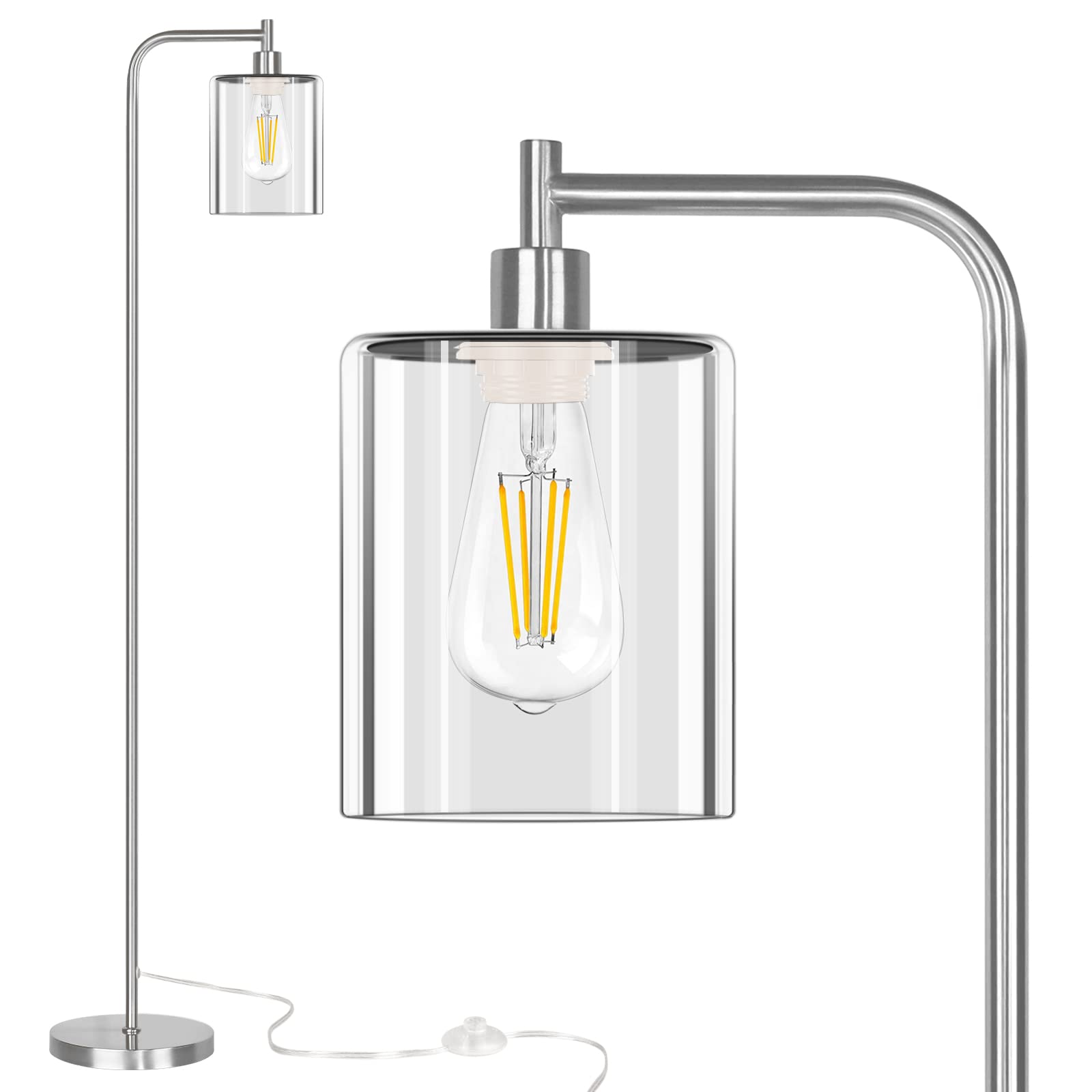 QiMH Industrial Floor Lamp for Living Room, Modern Standing Lamp with HD Glass Lampshade and Pedal Switch, 67Tall Pole Light for