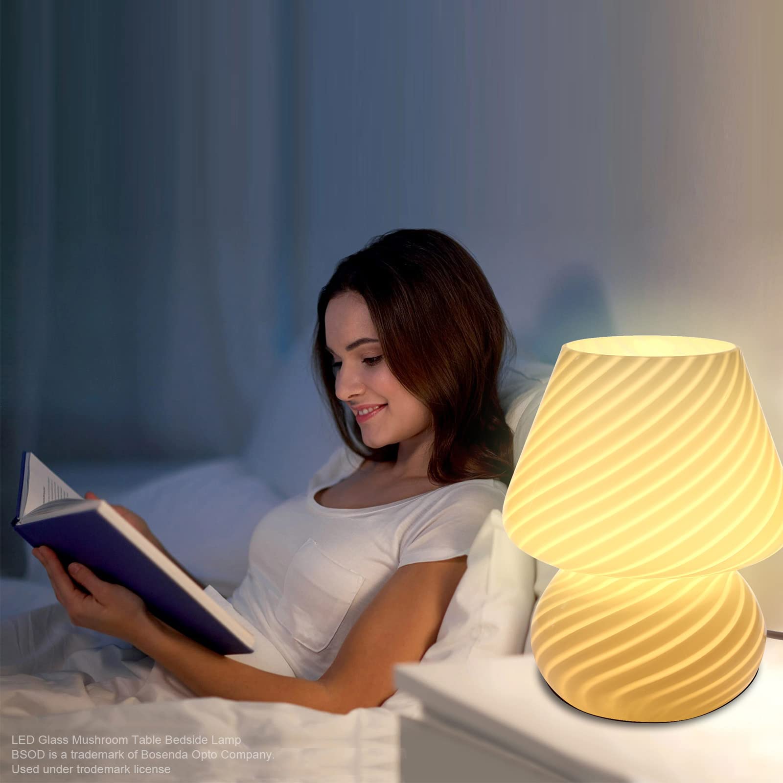 BSOD Glass Mushroom Lamp, Stripe Green, Cute Small Nightstand Desklamp, Model Bsod-SW-Lamps007, Vintage Style Home Decor