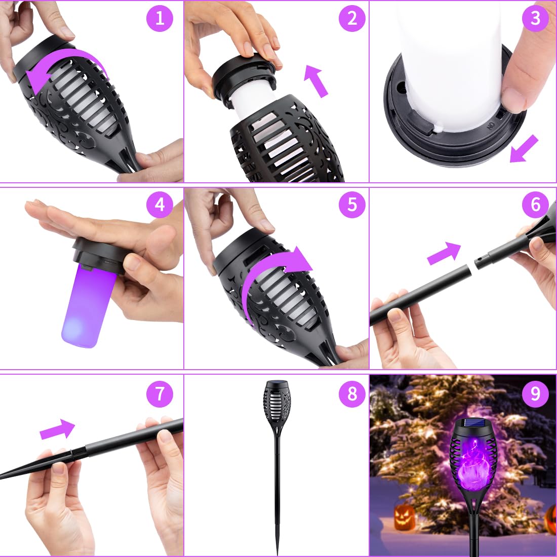 Kurifier Purple Solar Torch Lights, 12Pack, Waterproof LED with Flickering Flame, Outdoor Garden Decorations
