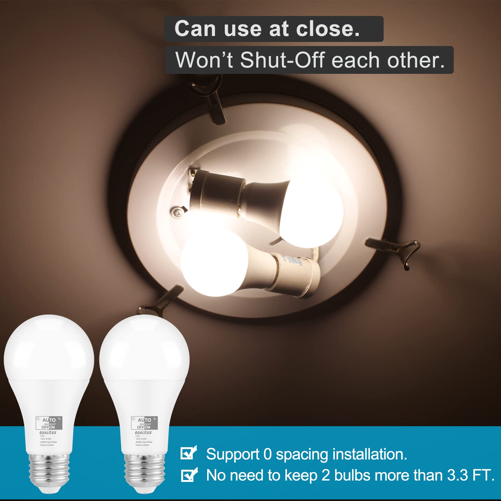 Qualilux Dusk to Dawn LED Light Bulbs 4000K Cool White 850LM 60W Equivalent A19 E26 Base 2-Pack