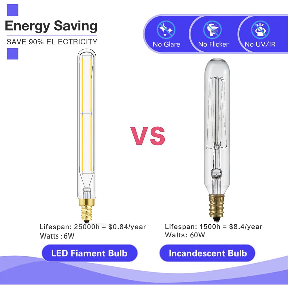 E12 Led Long Bulb, 6W T6 Edison Light Bulbs Cool White 5000K,7.3 Inch,750Lm, 75W Candelabra Incandescent Bulbs Equivalent Vintag