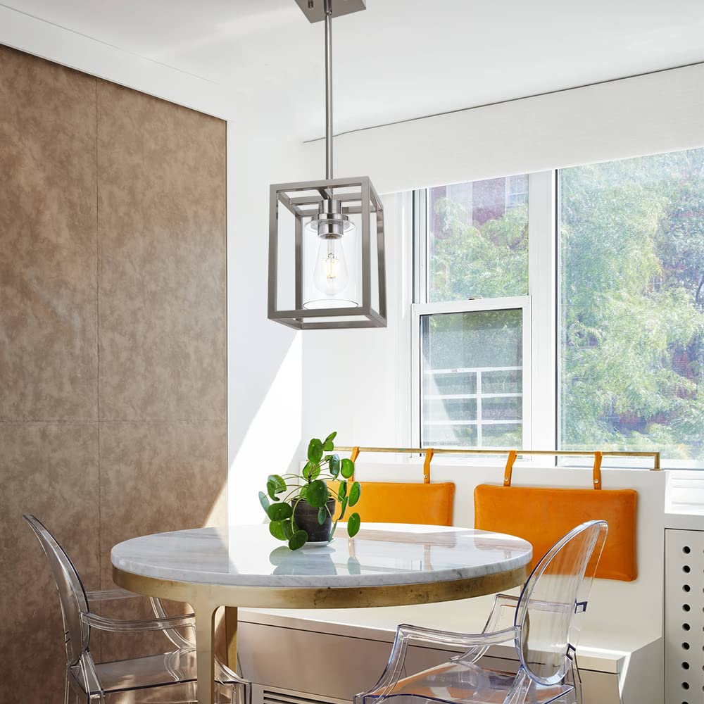 Vinluz Contemporary Pendant Lighting,Single 1 Light Brushed Nickel Cage Hanging Light With Clear Glass Shade For Kitchen Island