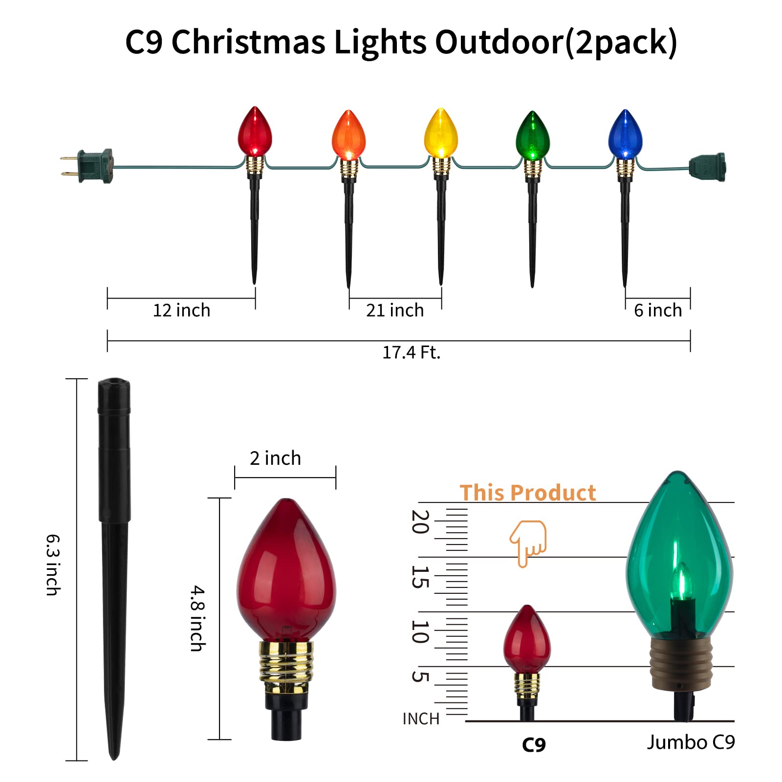 2 Pack C9 Christmas Pathway Lights - Outdoor Total 34.8 Ft, 20 Waterproof Connectable Walkway Lights For Yard, Ground, Sidewalk,