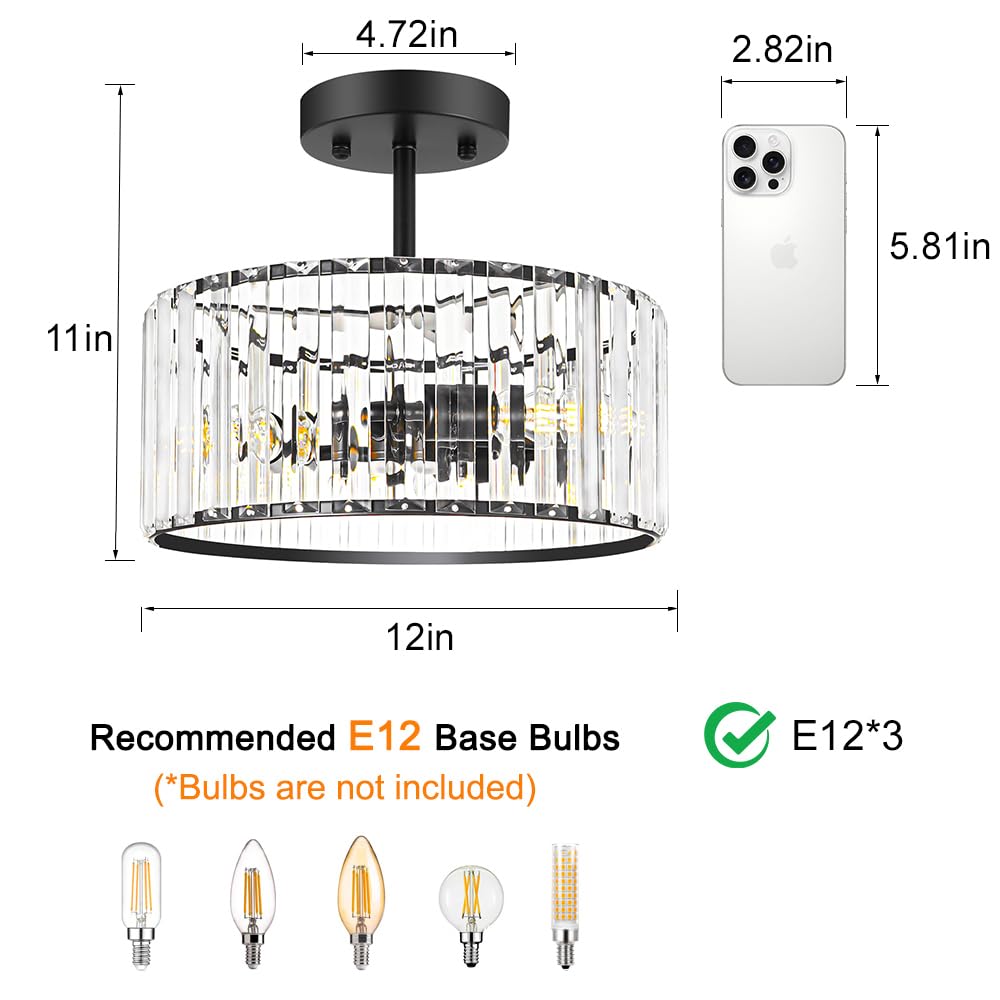 Lxybcce Modern Crystal Ceiling Light  Matte Black Semi Flush Mount Ceiling Lighting Fixture  Hallway Light Fixtures Chandelier For Kitchen  Bedroom Dining Room Hallway Closet  3-Light  12 Inch