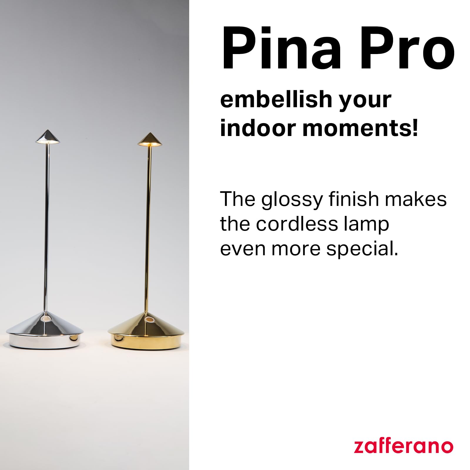 Zafferano, Pina Pro Lamp With Glossy Chrome Finish, Rechargeable Cordless Table Lamp With Touch Controls, Usable As An Indoor La