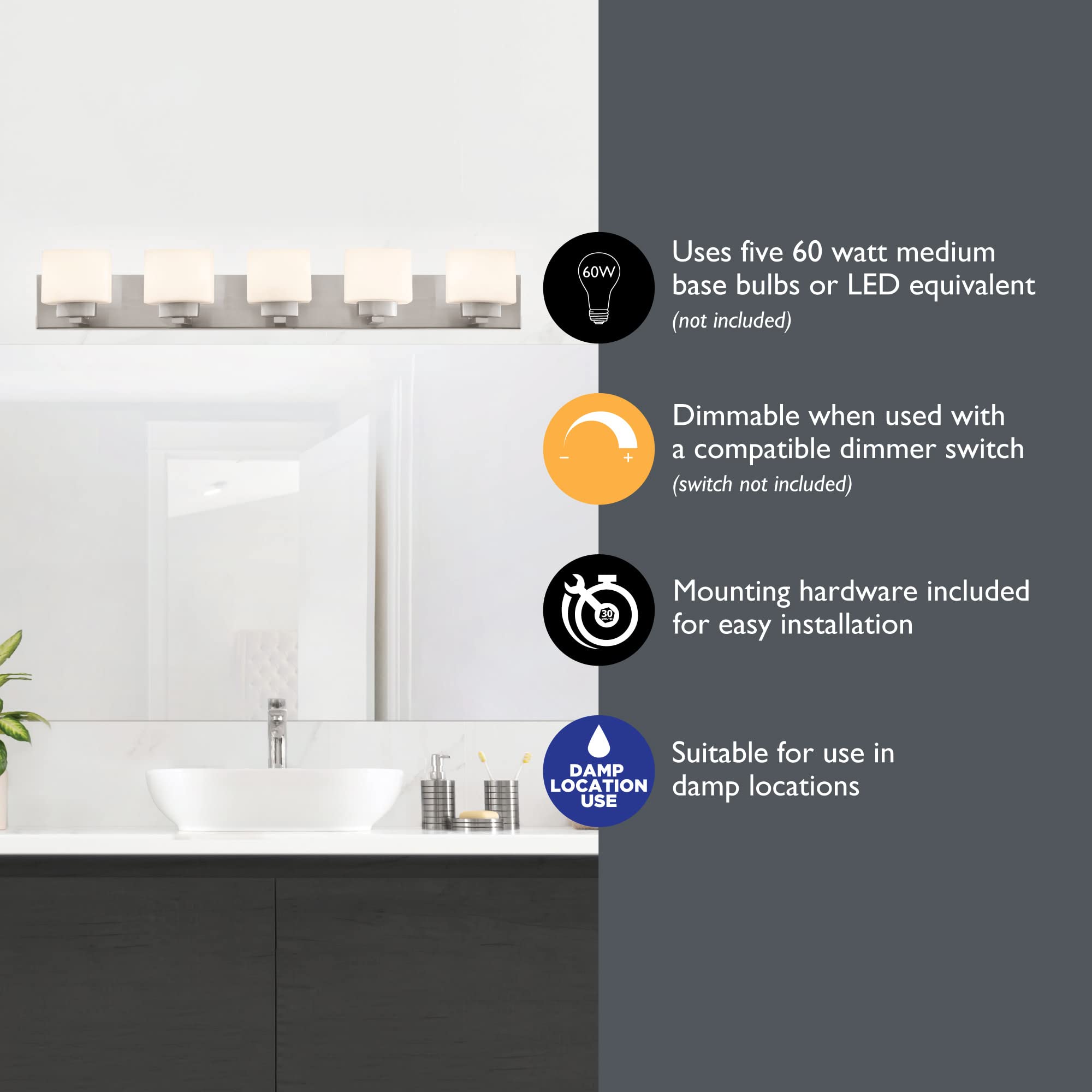 Design House Dove Creek Vanity Light Dimmable, 5-Light, Satin Nickel, Alloy Steel, Model 589507