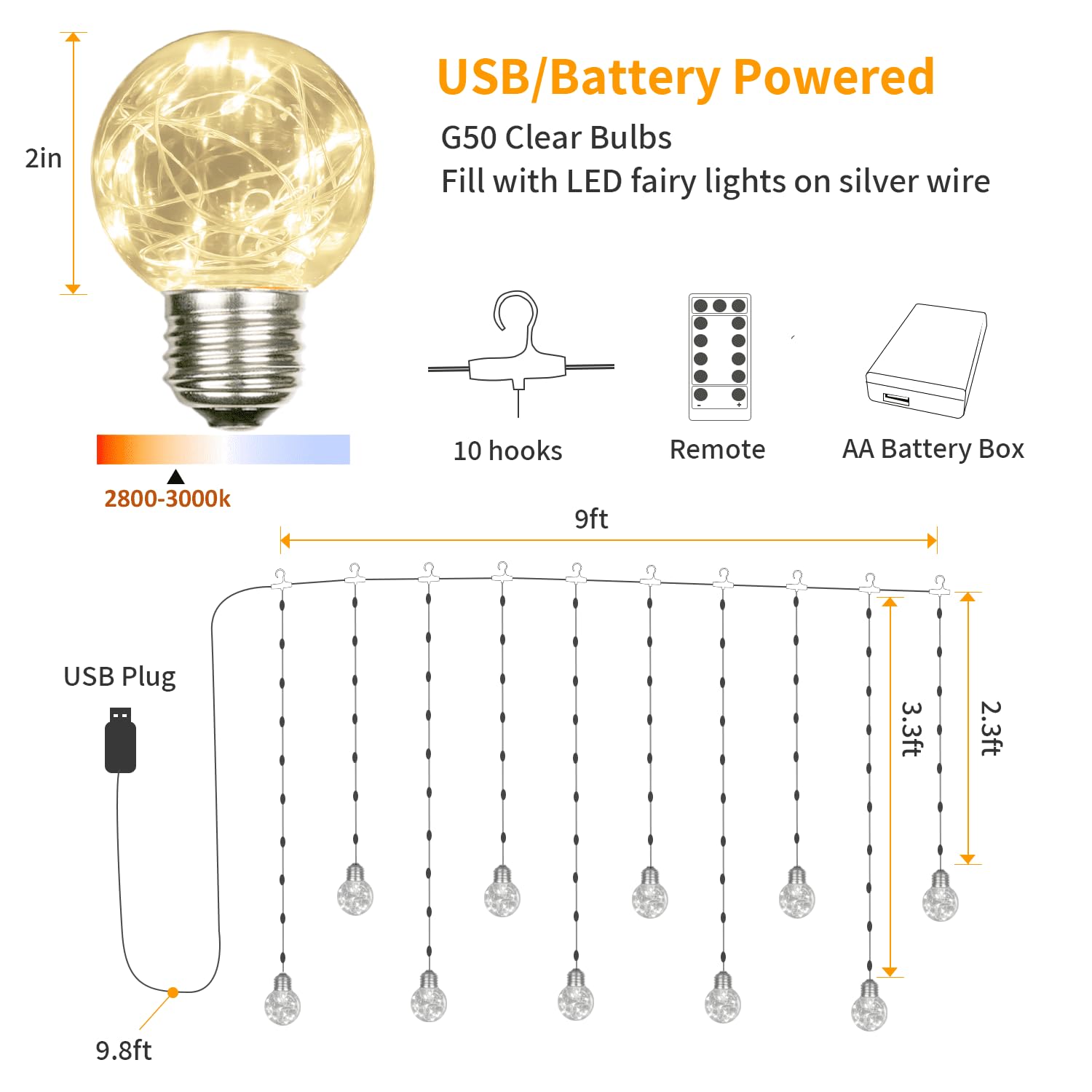 Yolight Wishing Ball Curtain Lights 200 Led Window Curtain String Lights With Remote, Usb Battery Powered Twinkle Globe Fairy Lights For Wedding Party Bedroom Christmas Decoration (Warm White)