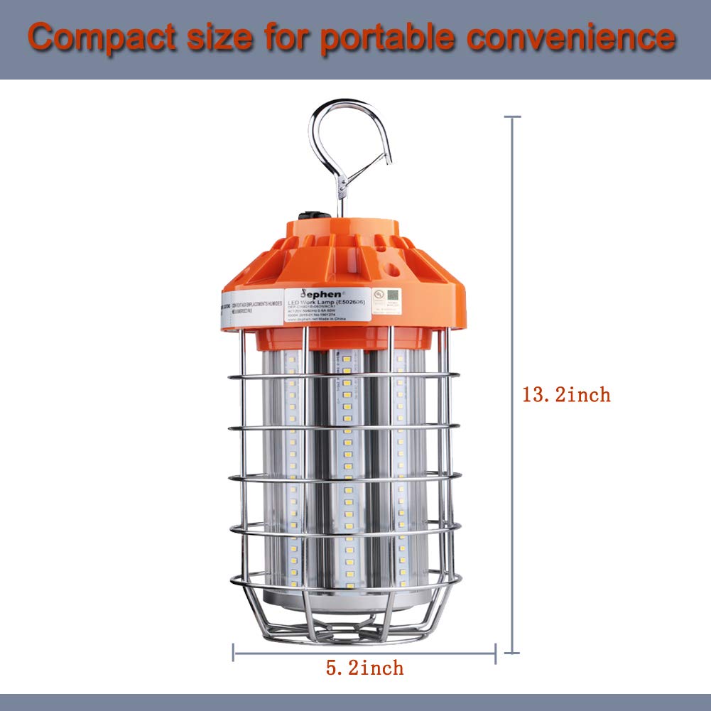 Dephen 60W Led Temporary Work Light, 8400Lm 5000K Construction Spotlights, Plug In Portable Worklight With Hook, 360 Degree Hang
