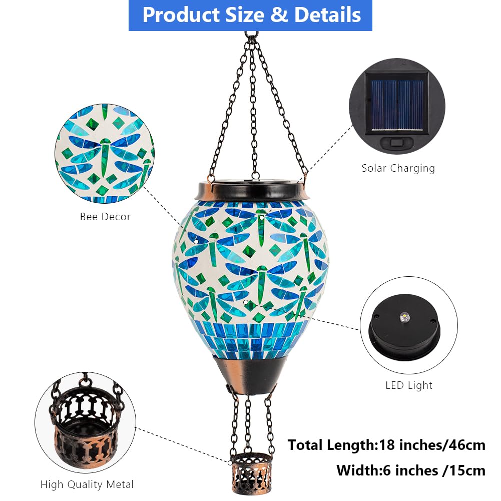 Starsoul Solar Lantern Hot Air Balloon - Mosaic Dragonfly Design, Outdoor Hanging Light for Garden Patio Party Decorations