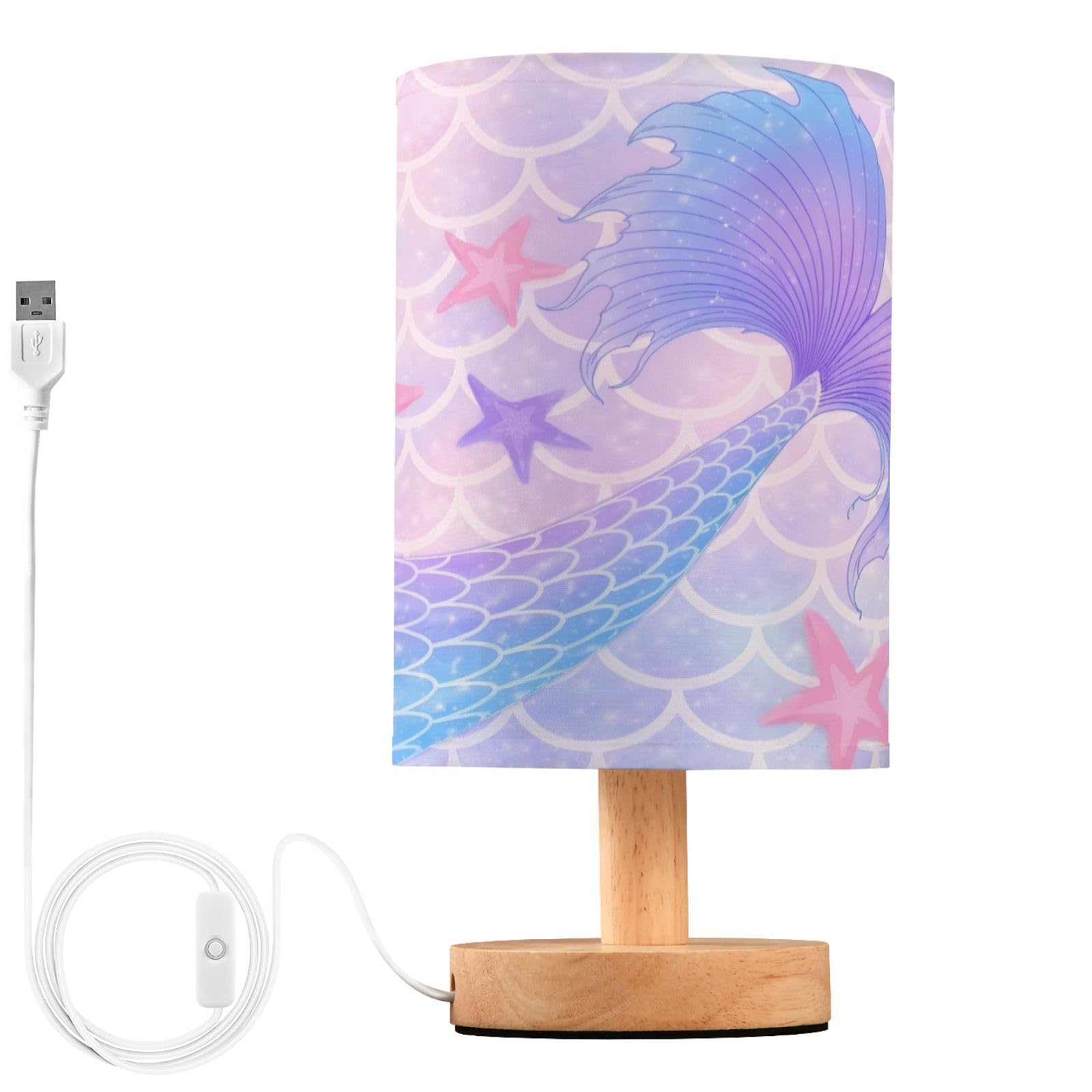 ALAZA Fish Mermaid Starfish Colorful Decor Bedside Table Lamp with USB Port for Bedroom Nightstand Office Desk LED Bulb Included