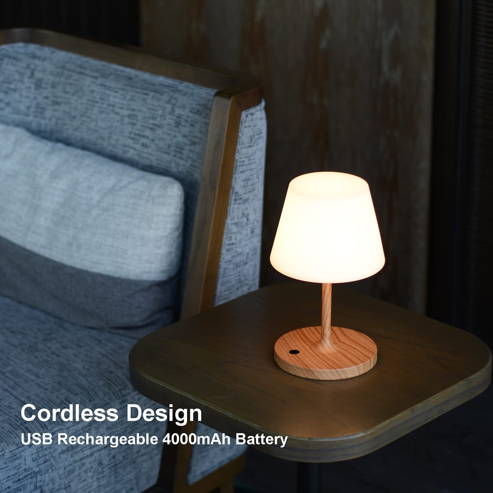 LOTITOL Outdoor Table Lamp - Cordless USB Rechargeable, 4000mAh, 2700K LED, Touch Dimmable, IP44 Waterproof, 9.6in, Wood