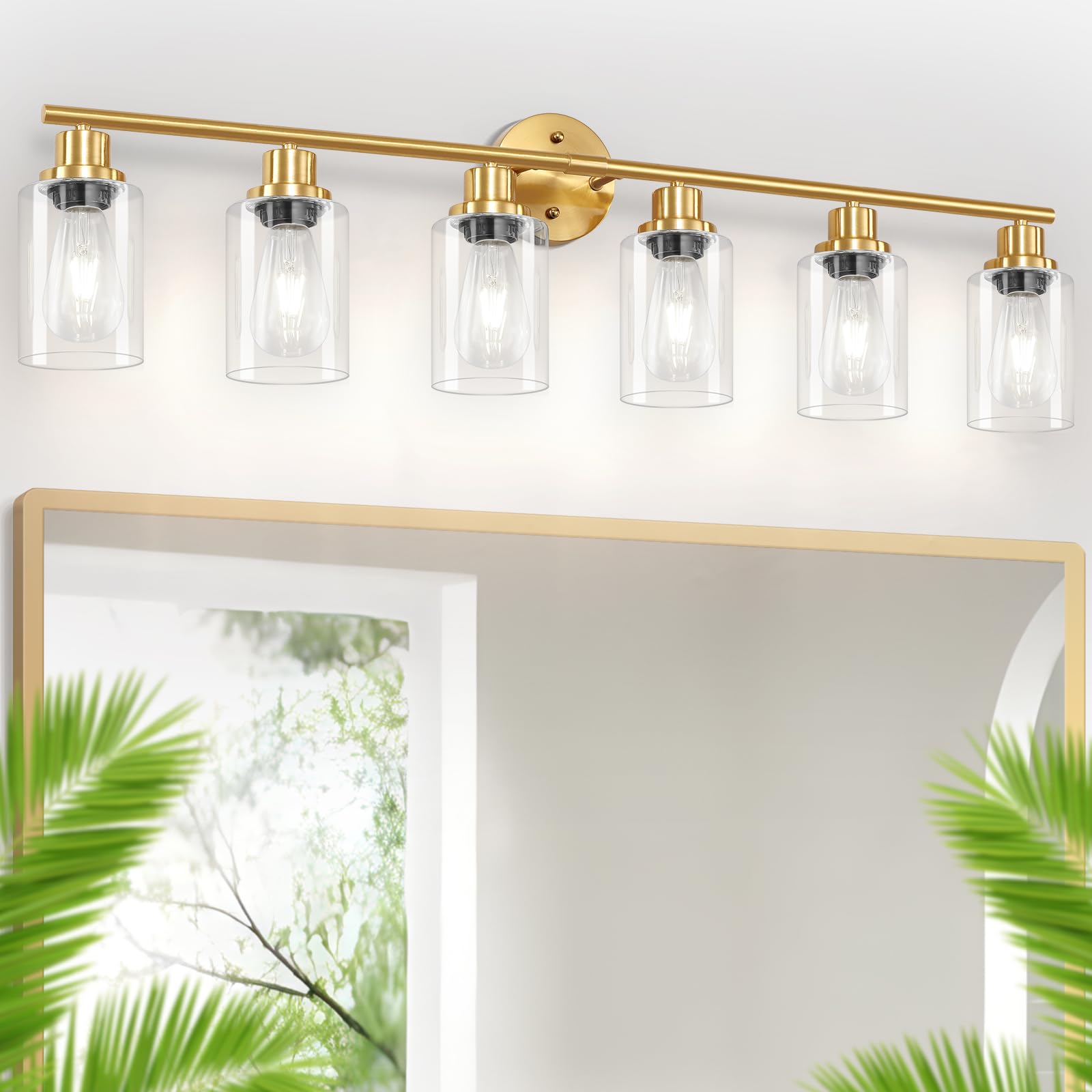 Guliaofo 6-Light Bathroom Vanity Light Fixture, Brushed Gold Metal with Clear Glass Shade, Model Gu-111-QGJ-6