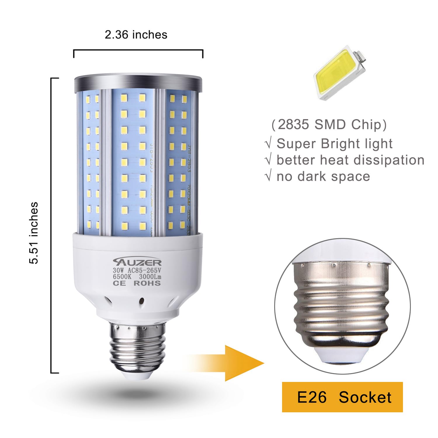 Auzer 30W (200W Equivalent), Daylight, E26 Standard Base, Led Corn Light Bulb | 2-Pack