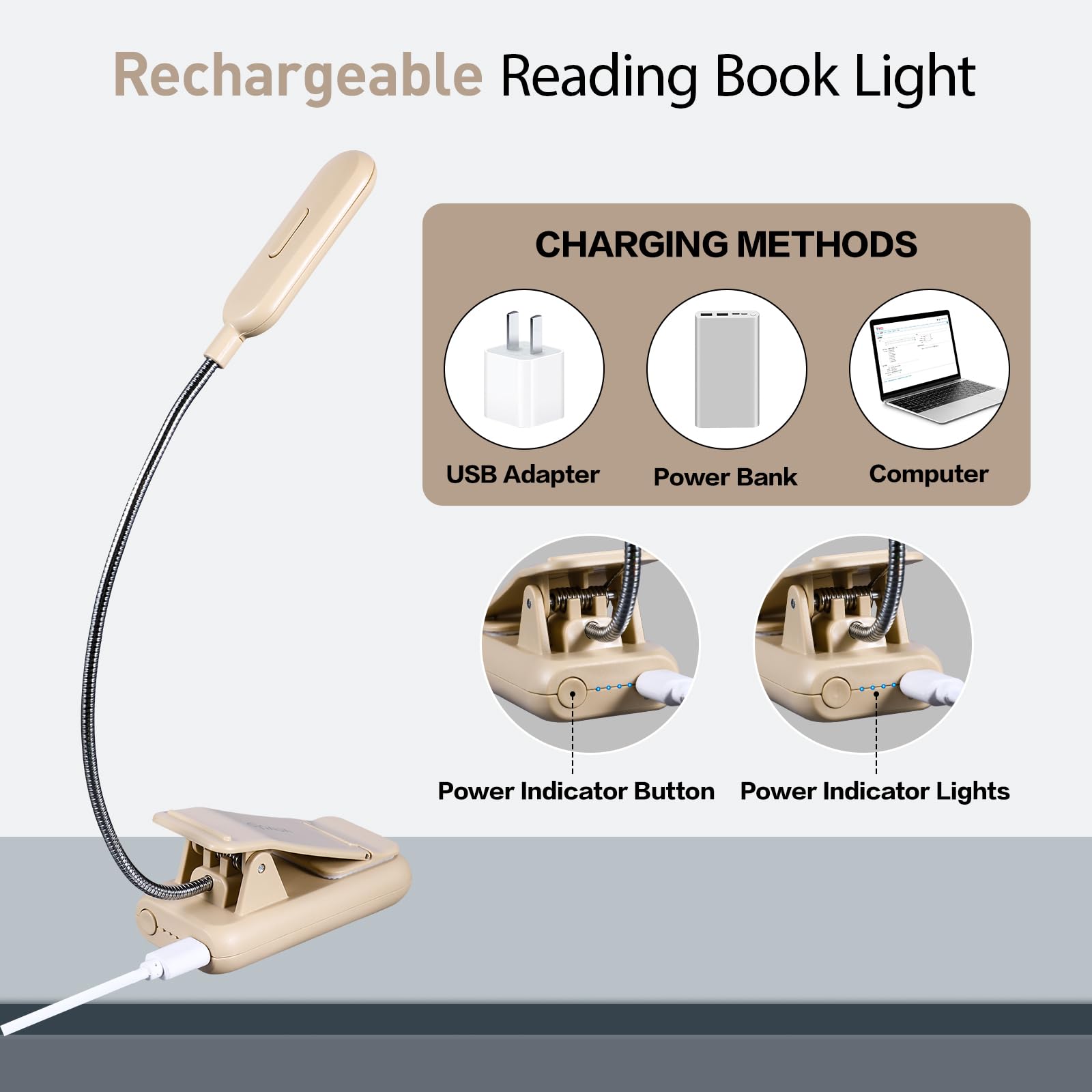 VAVOFO Rechargeable Book Light - 7 LED, 9-Level Brightness, Compact Khaki, Eye Care Lamp, Model KM-6720 for Reading in Bed