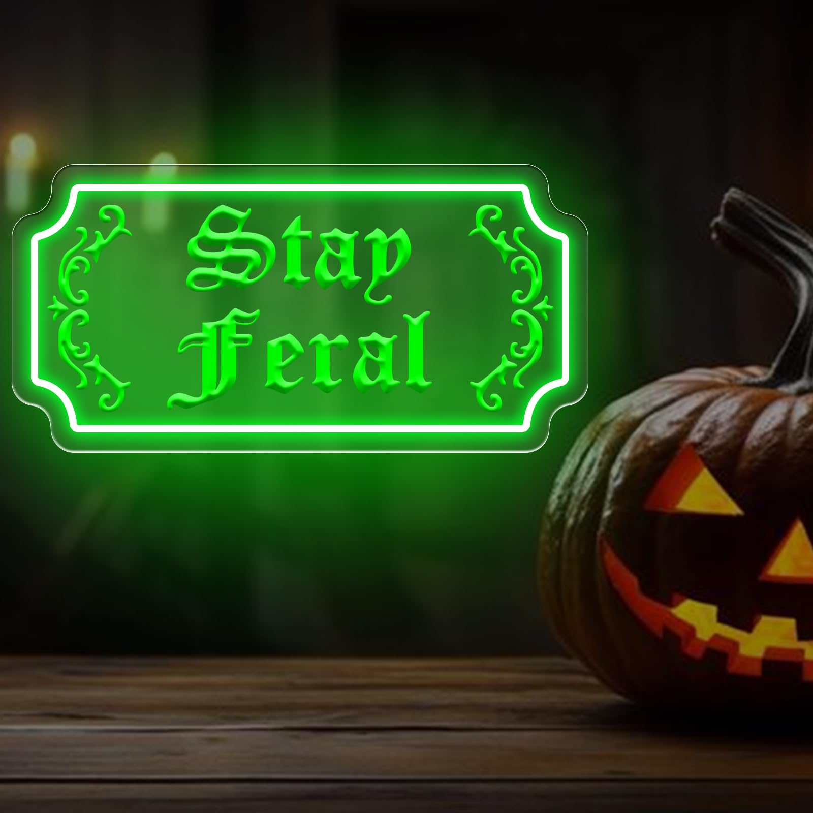 Stay Feral Neon Sign Gothic Decor Led Light Goth Lover Gift Halloween Decoration Bat Neon Sign Decor Ghost Spooky Wall Art  15.7X7.9  Green