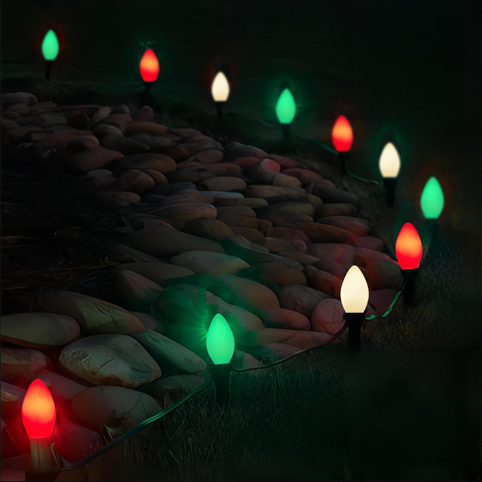 25Ft C7 Led Christmas Multicolor String Lights With 27 Red Green White Led Bulbs, Outdoor Hanging Vintage Christmas Lights Water