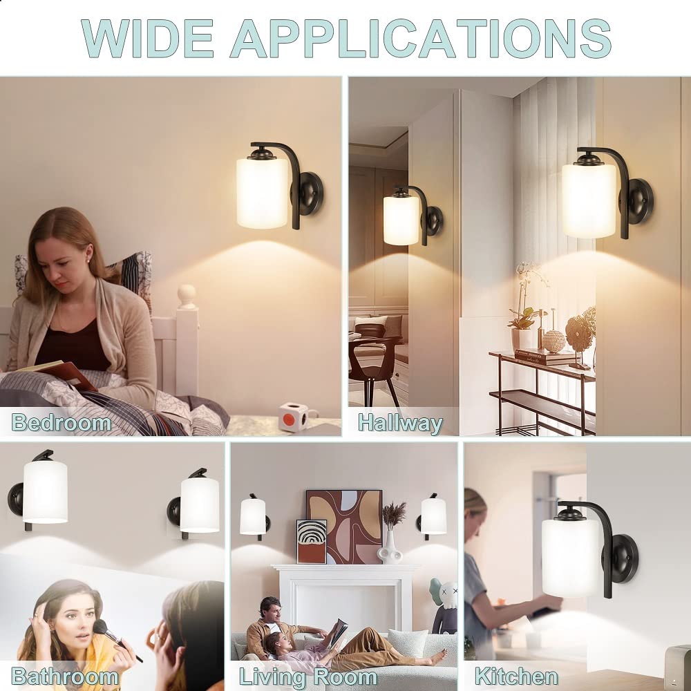 Canmeijia Modern Black Wall Sconce, 1 Light Fixture With Milky White Glass For Bathroom & Hallway