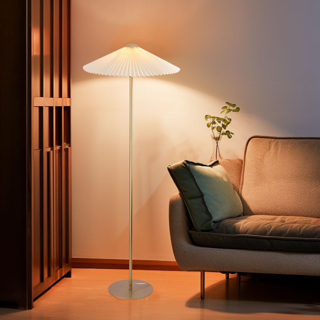KUNJOULAM Pleated Floor Lamp, Fabric Lampshade, Tall Design, Gold, Model FL001