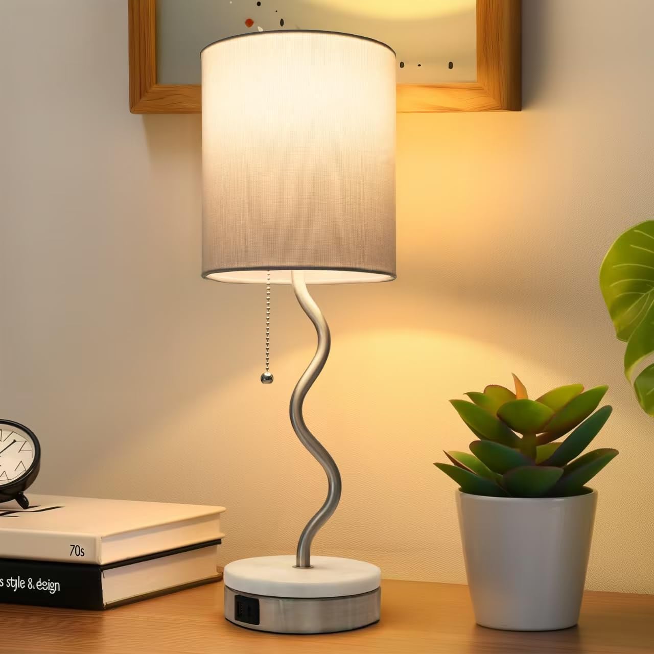 Velxee Marble Base Table Lamp - Modern Bedside Lamp With Usb Port & Pull Chain, Lamp For Bedroom, Living Room, Or Office - Elega