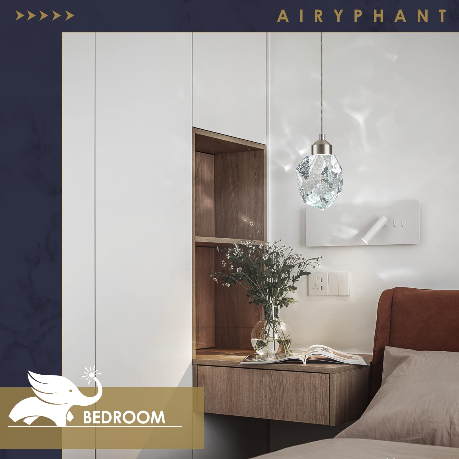 Airyphant Modern Nickel Crystal Pendant Light, Dimmable Led Pendant Light Fixture For Kitchen Island Dining Room Bedroom Bathroo