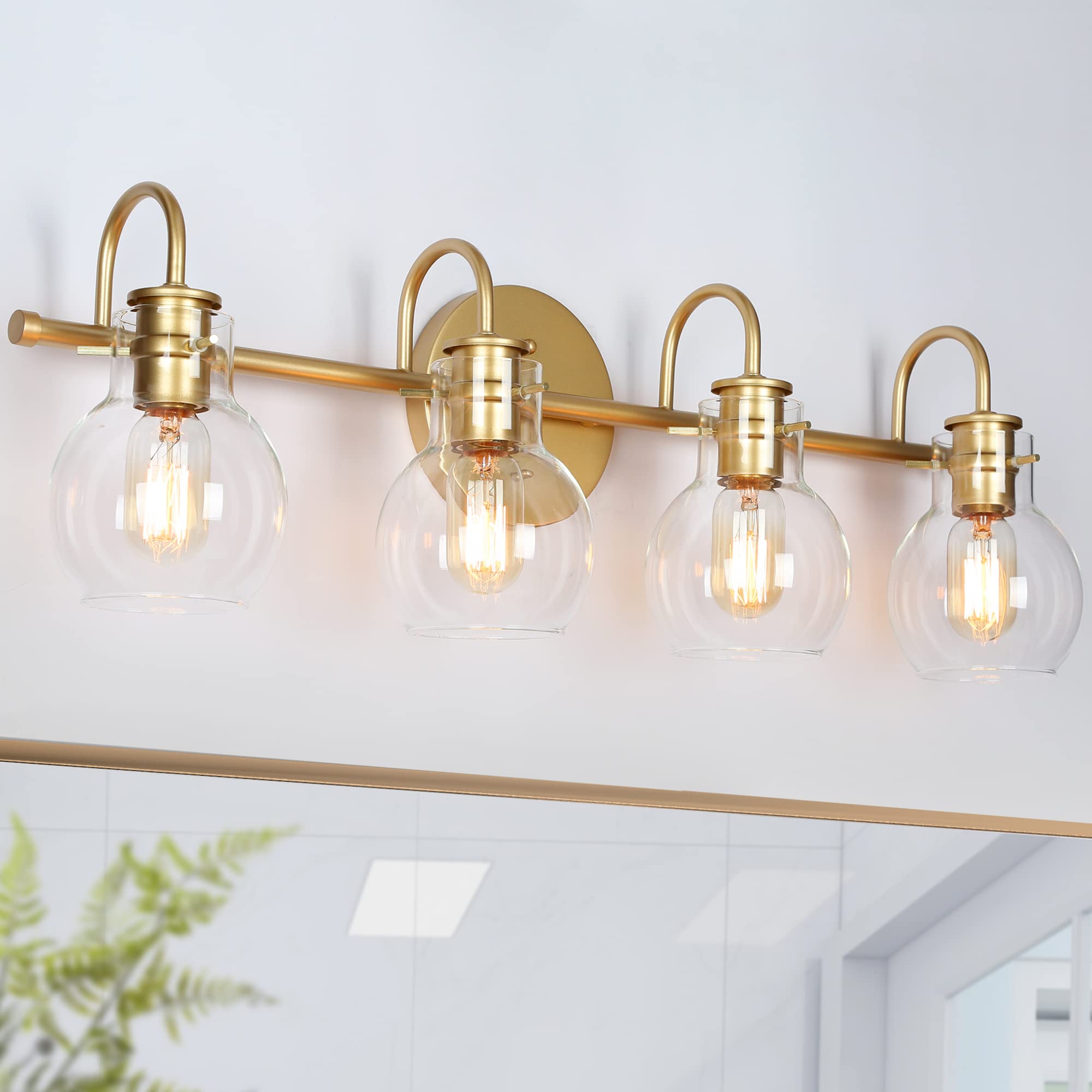 Ksana Bathroom Vanity Light, 4-Light 28.5'' Large Gold Bathroom Light Fixtures, Modern Vanity Lights For Bathroom With Globe Cle