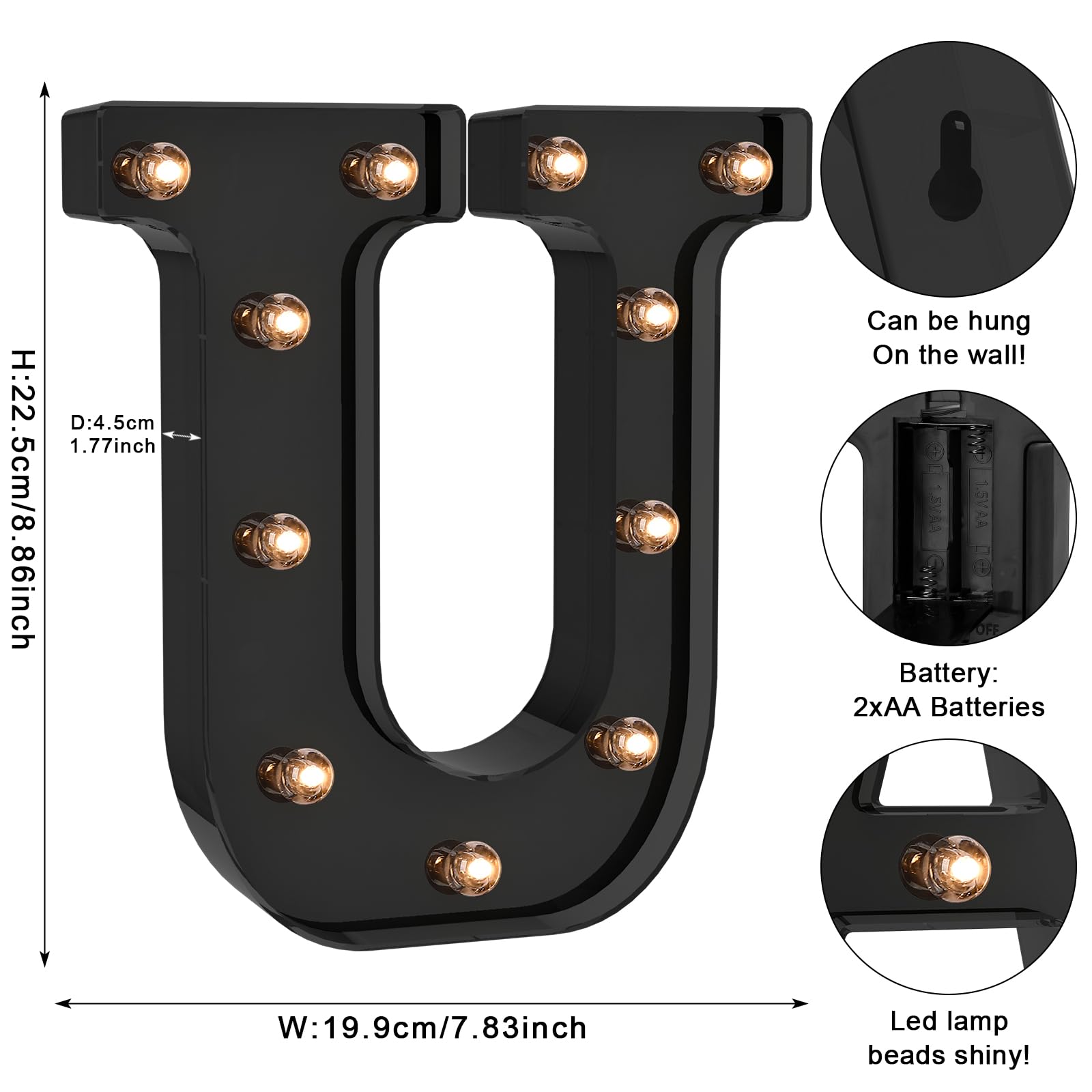 Foaky LED Letter Lights - Battery Operated Alphabet Decor - Black - Model Black-25 - Size U