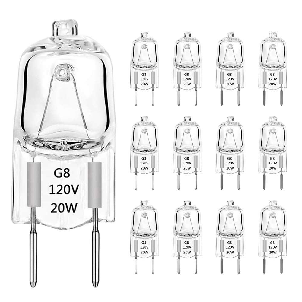 Taiyaloo G8 Halogen Light Bulbs 20W Dimmable 120V G8 Base 2Pin Xenon Bulb (12 Pack) T4 Jcd Type Warm White Under Cabinet Puck Li