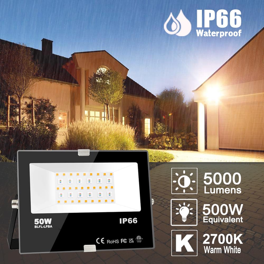 ILC 50W LED Flood Light, Outdoor RGB Color Changing, IP66 Waterproof, Black, Model BLFL-LFBA, 2 Pack