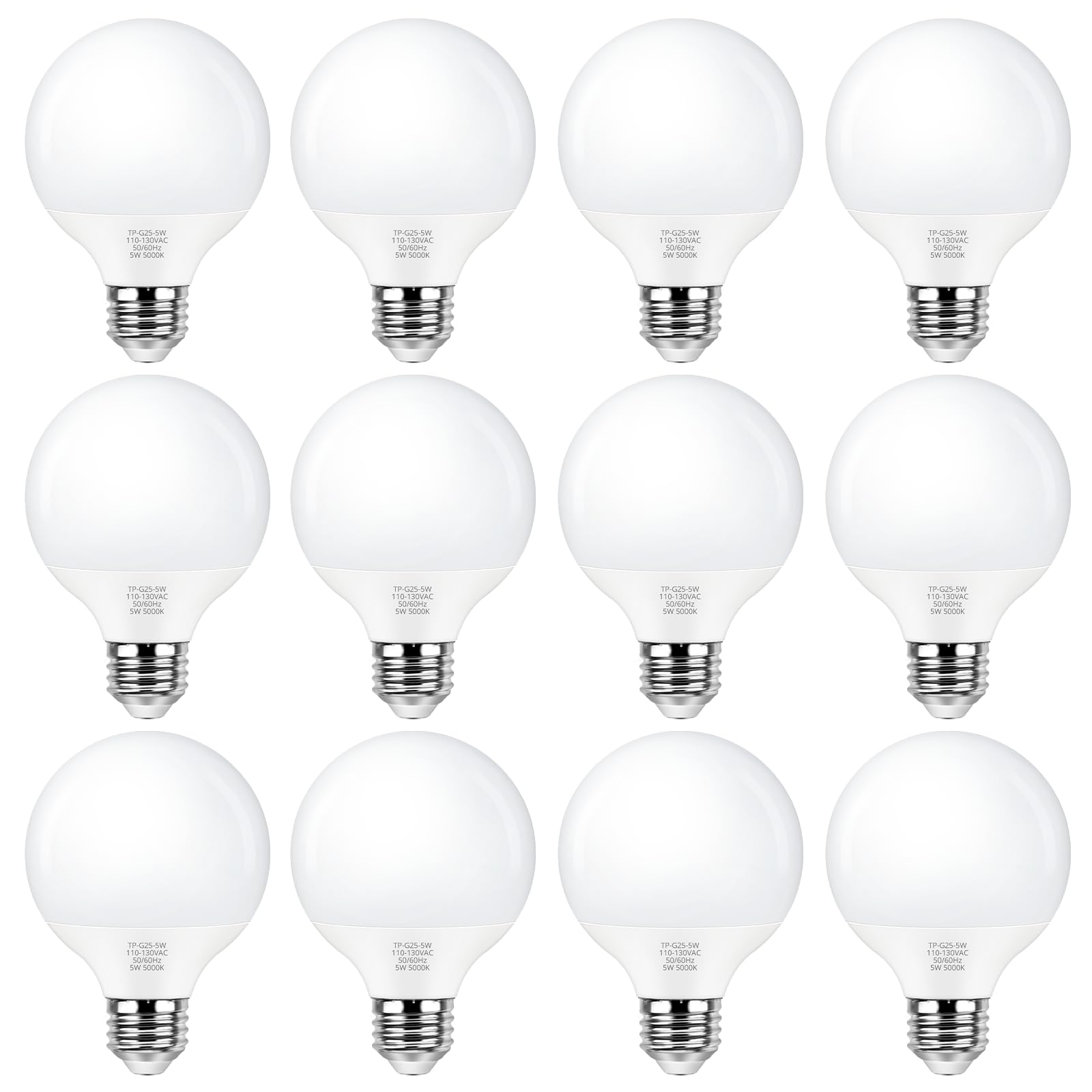 Maxvolador G25 Led Globe Light Bulb 60W Equivalent, Daylight White 5000K E26 Vanity Round Bulbs For Bathroom Makeup Mirror, Non-