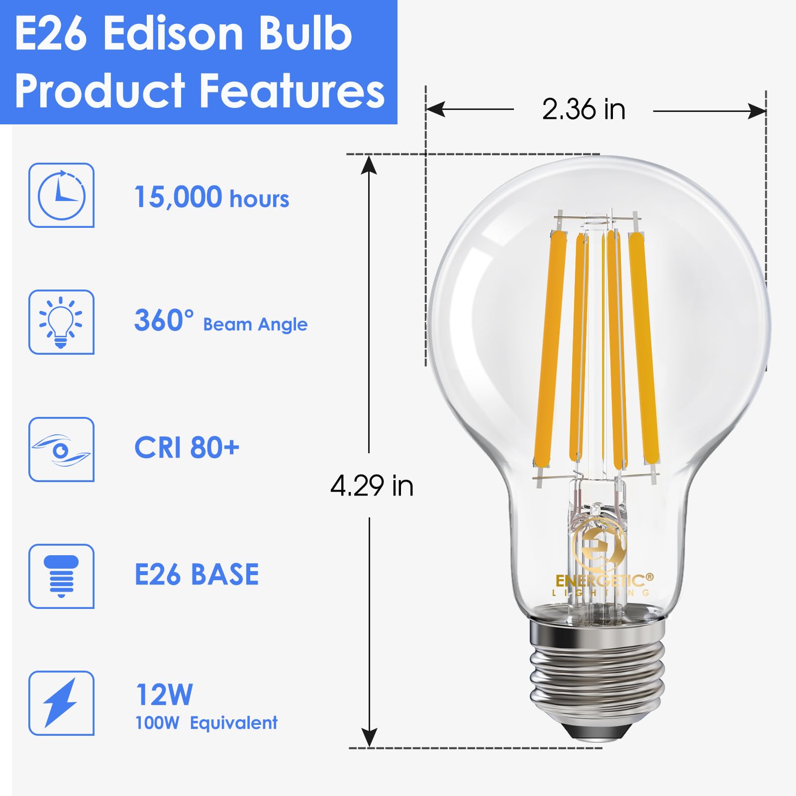E ENERGETIC LIGHTING A19 LED Light Bulb 12W Equivalent, 1600LM, 2700K Soft White, Glass, 4-Pack