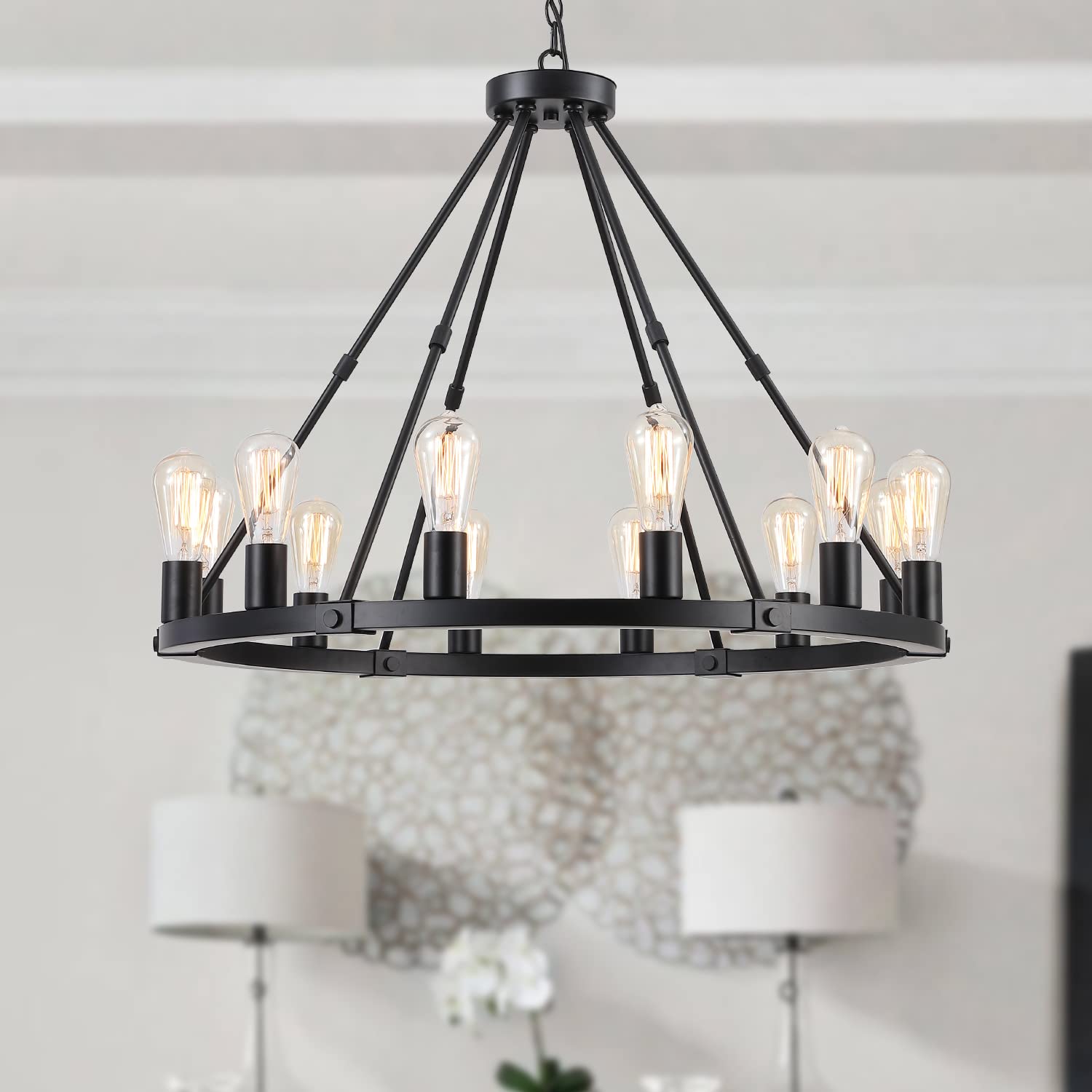 9MMML Black Wagon Wheel Chandelier, 12 Lights, Adjustable Height 31.5in, Iron, Industrial Farmhouse Pendant Light