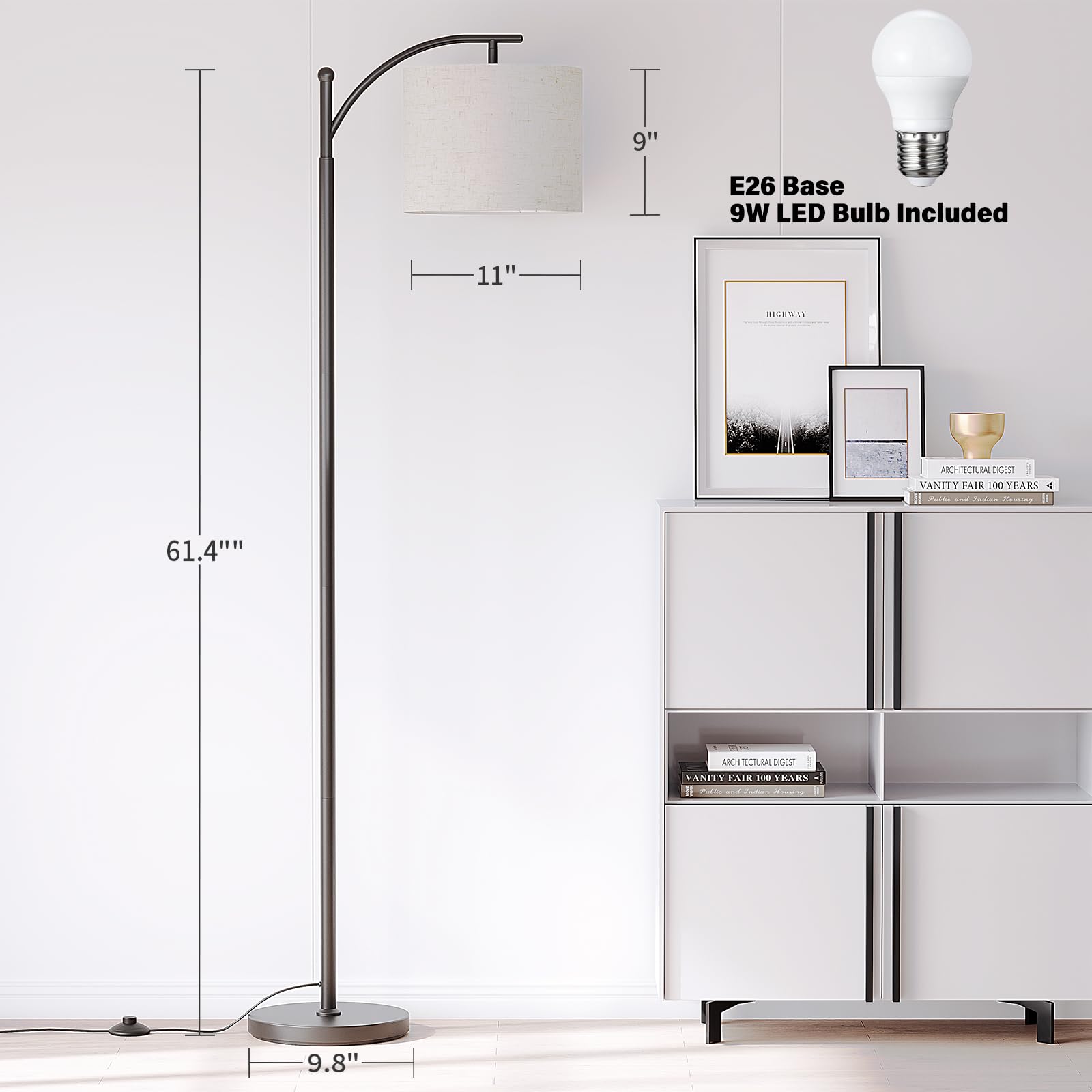 SUNMORY Arc Floor Lamp - Modern Metal Standing Lamp with 9W 3-Color Bulb, Adjustable Shade, Black, Model MF18166A
