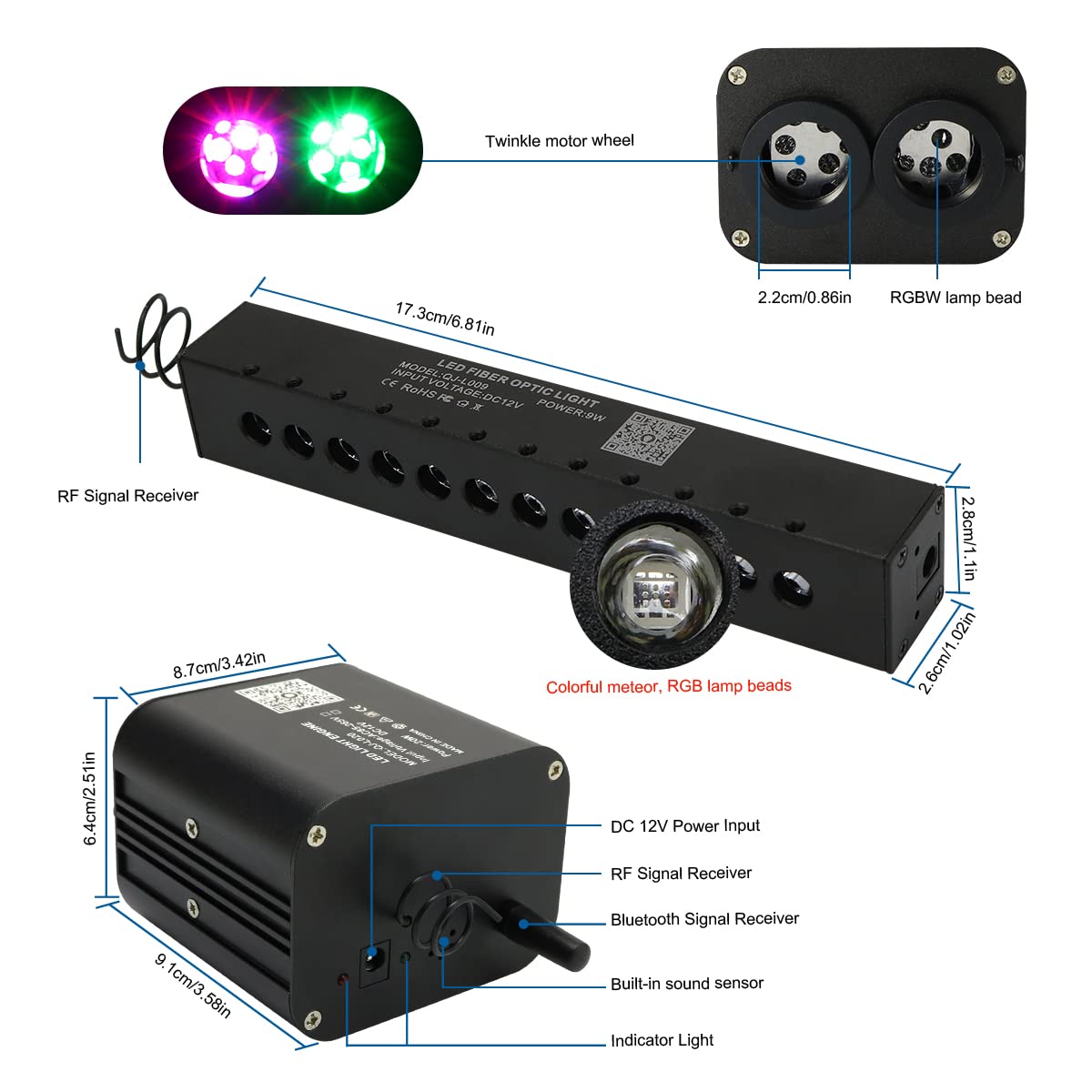 AKEPO 20W RGBW Twinkle Fiber Optic Lights, 1300pcs 0.03in 13.1ft, Aluminum, Colorful Meteor, Model QJ-L020