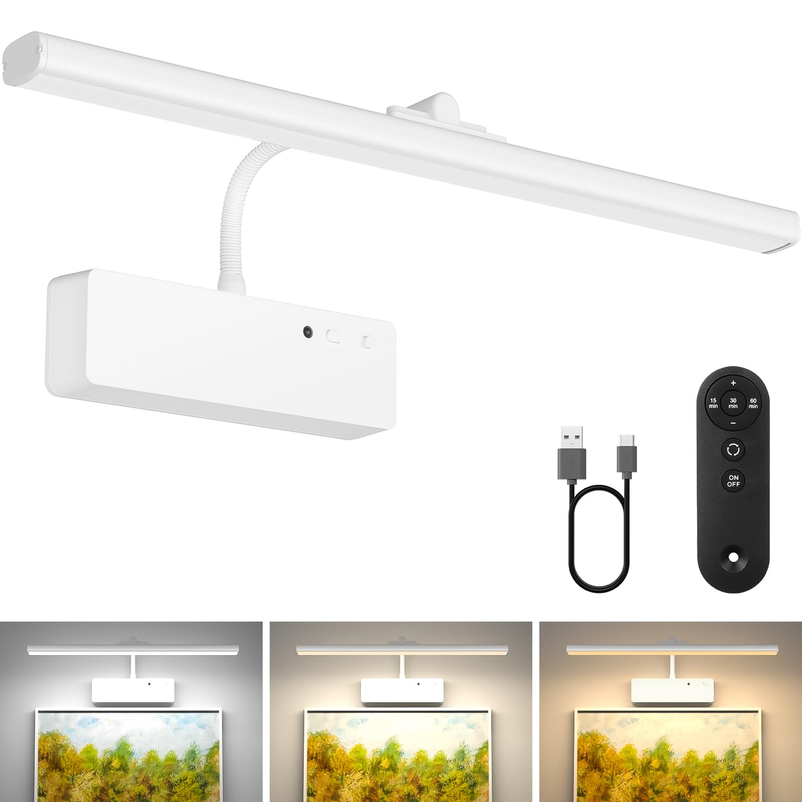 Picture Light with Remote, 15.35inch Wireless Rechargeable Battery Wall Light for Paintings, 3 Colors Paintings Light Dimmable and Timer Metal Art Light for Display, Wall, Artwork, Gallery (White)