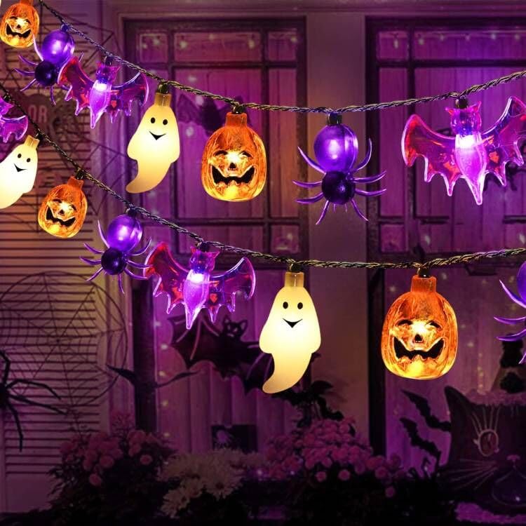 Janchs 40Led Solar Halloween Lights, Waterproof Pumpkin Bat Ghost Decor, 8 Modes, Warm White