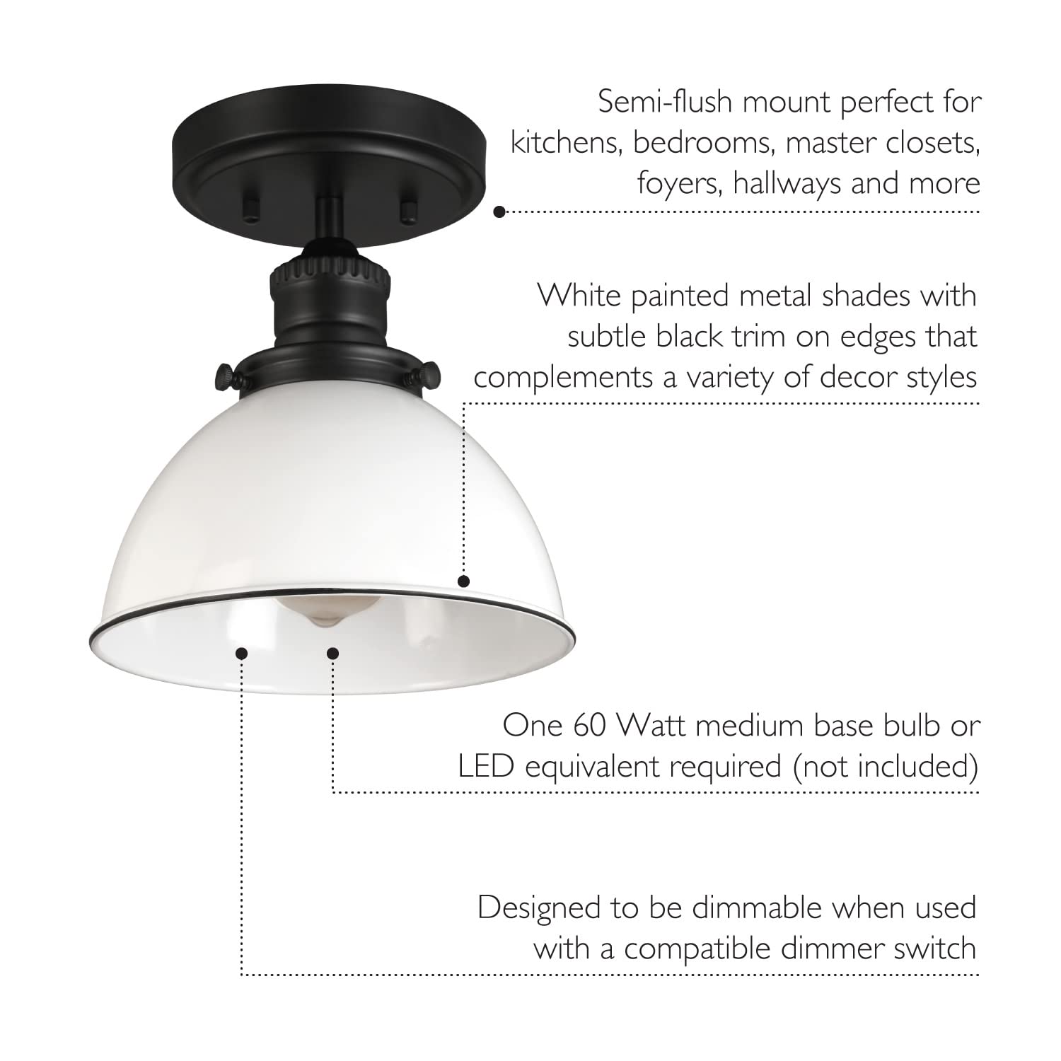 Design House Semi-Flush Mount Ceiling Light, Dimmable, Alloy Steel, Ceiling Light, Matte Black/White, Model 588319